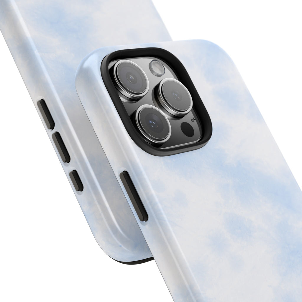 Sky-blue cloud tie-dye phone case corner detail, raised camera frame