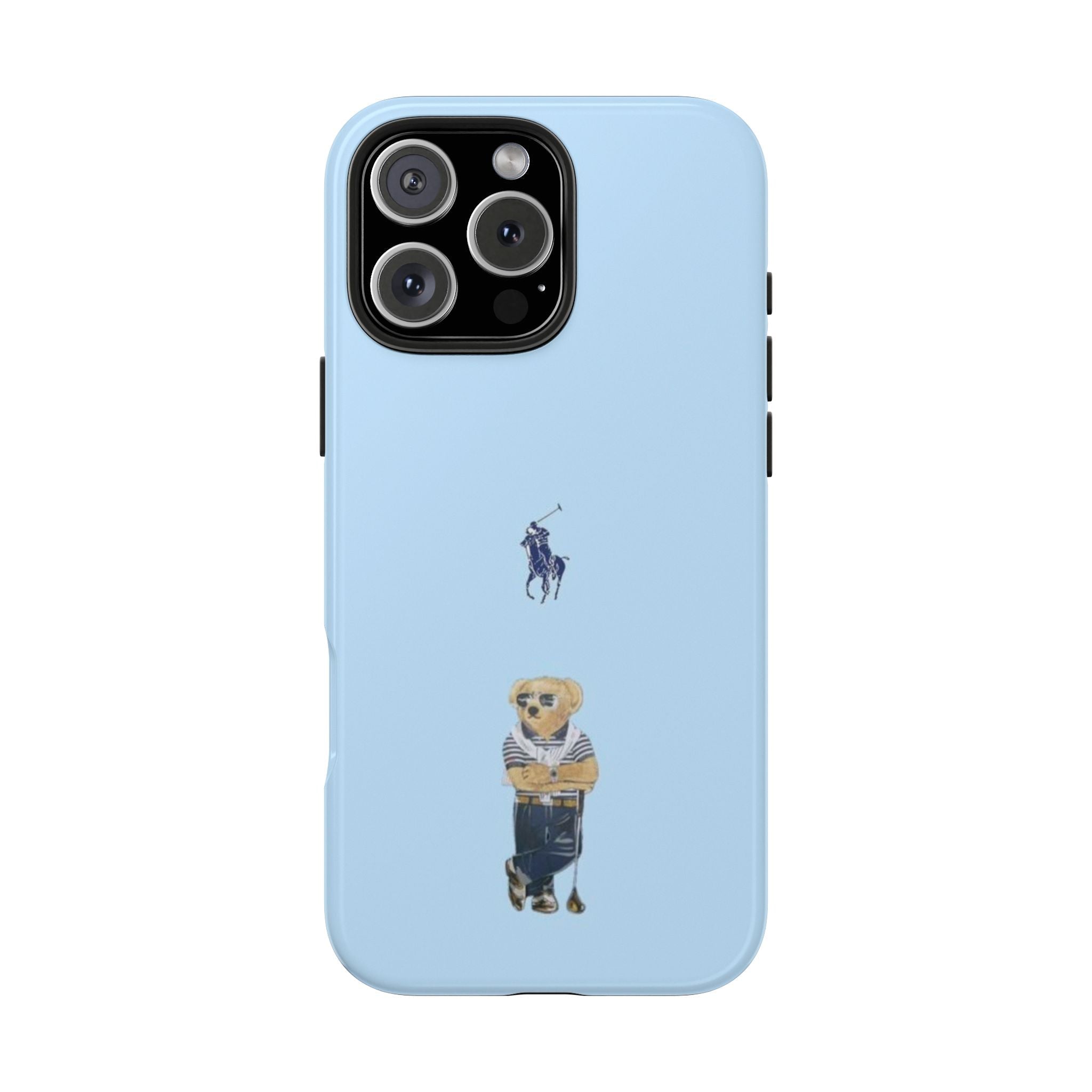 Sky blue phone case with teddy bear and polo player graphic, camera cutout visible