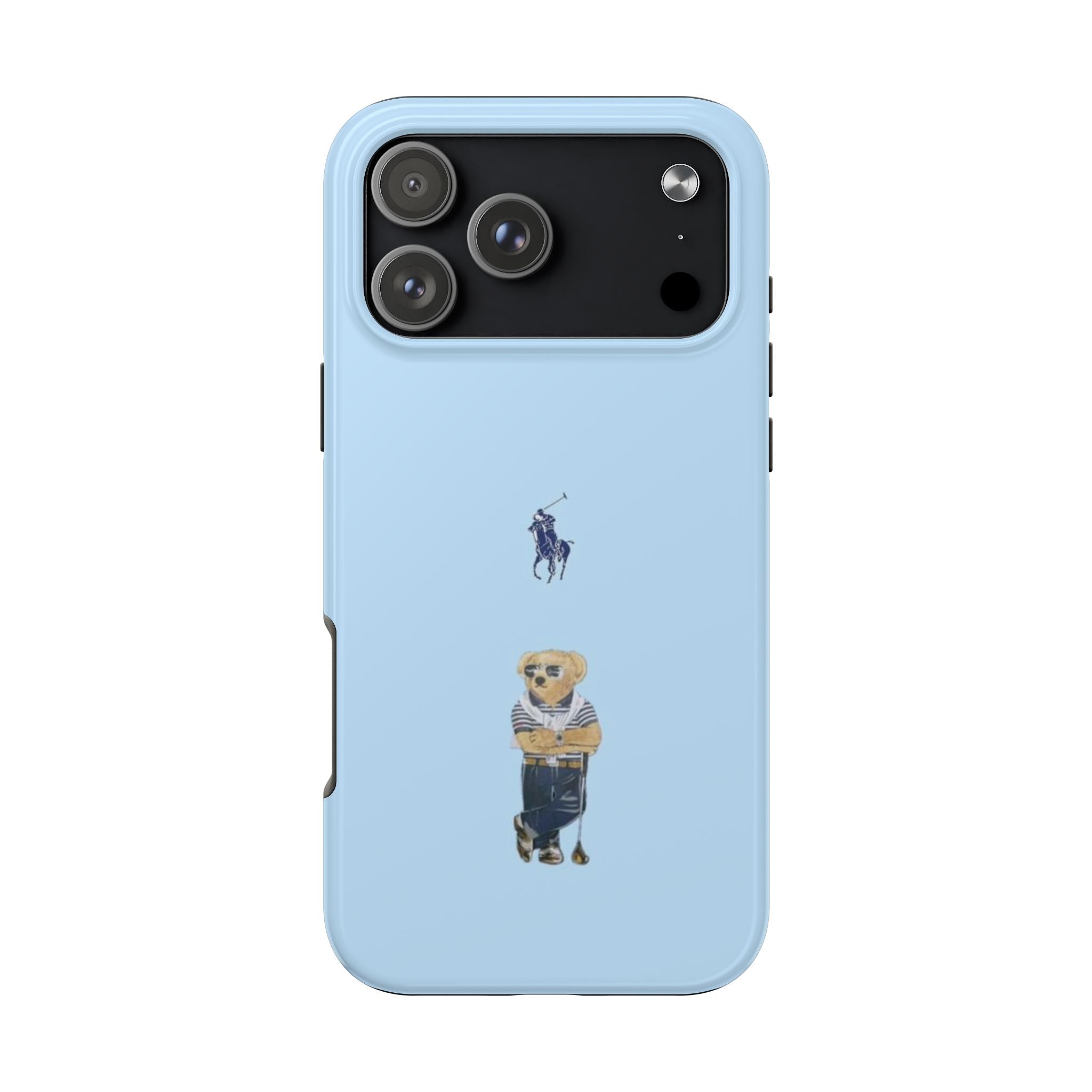Sky blue phone case with teddy bear and small polo player, rear camera module shown
