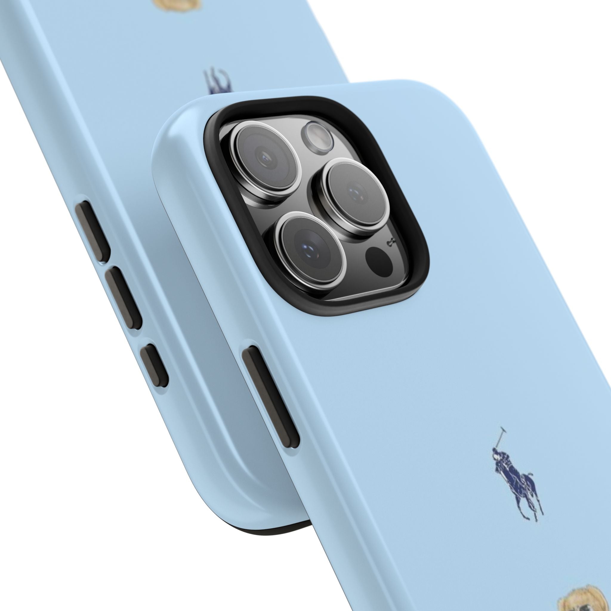 Close-up sky blue phone case: polo player print and triple camera cutout