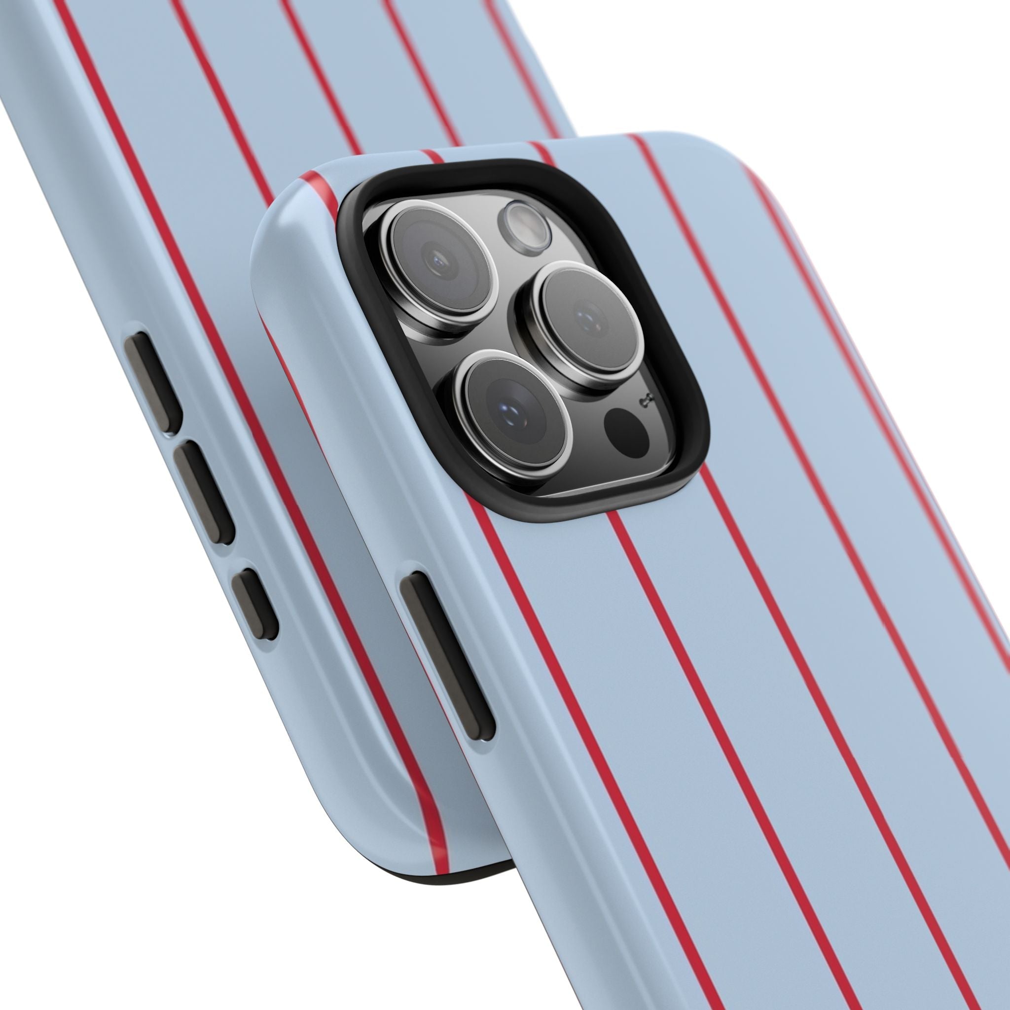 Angled close-up of sky blue phone case with red vertical stripes, triple camera cutout