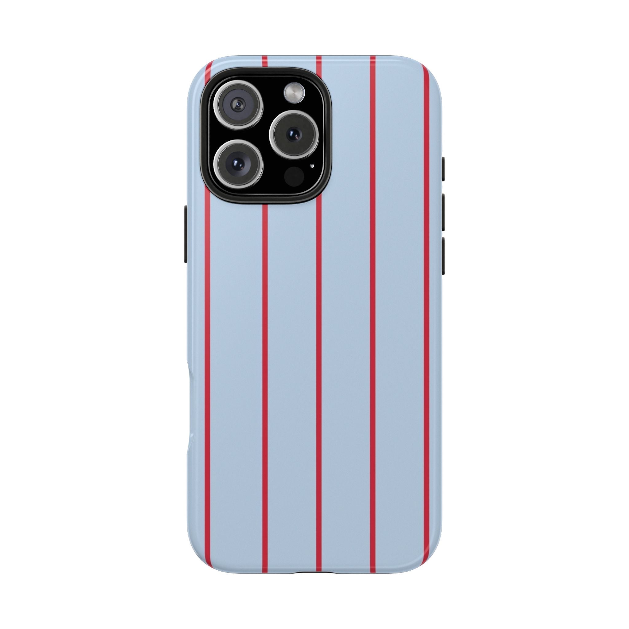 Sky blue phone case with red vertical stripes and raised camera bumper