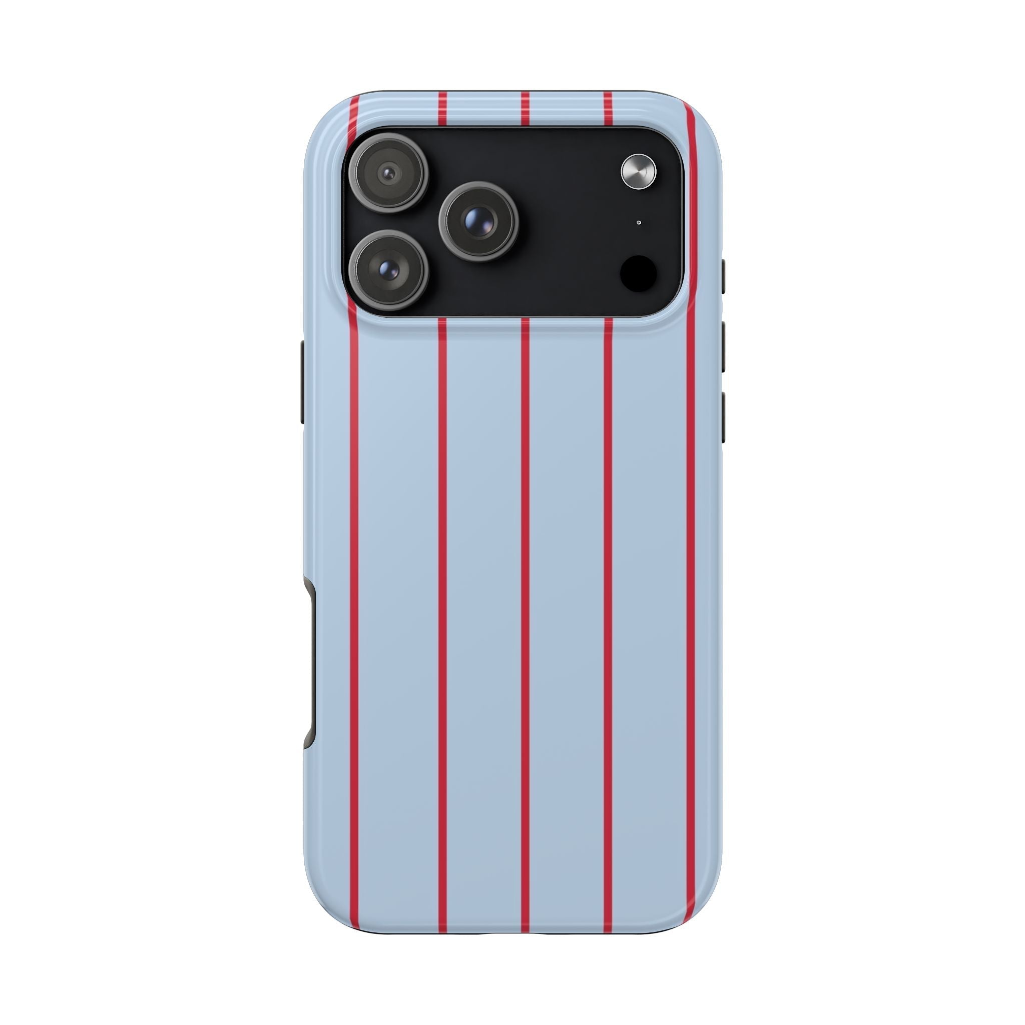 Sky blue phone case with red vertical stripes and camera cutout
