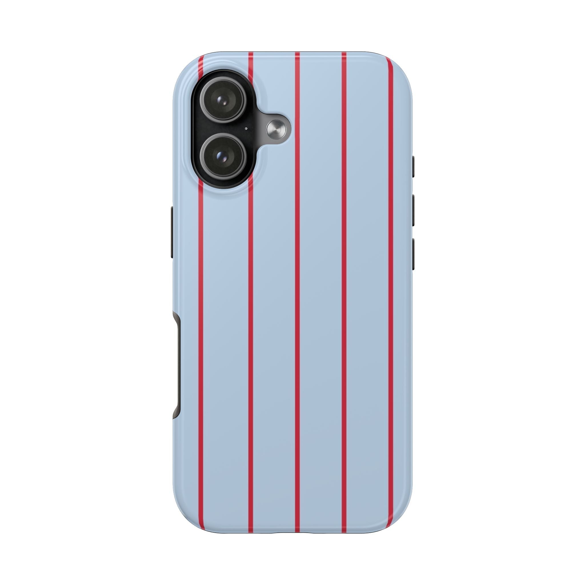 Sky blue phone case with red vertical stripes, camera cutout and side button openings