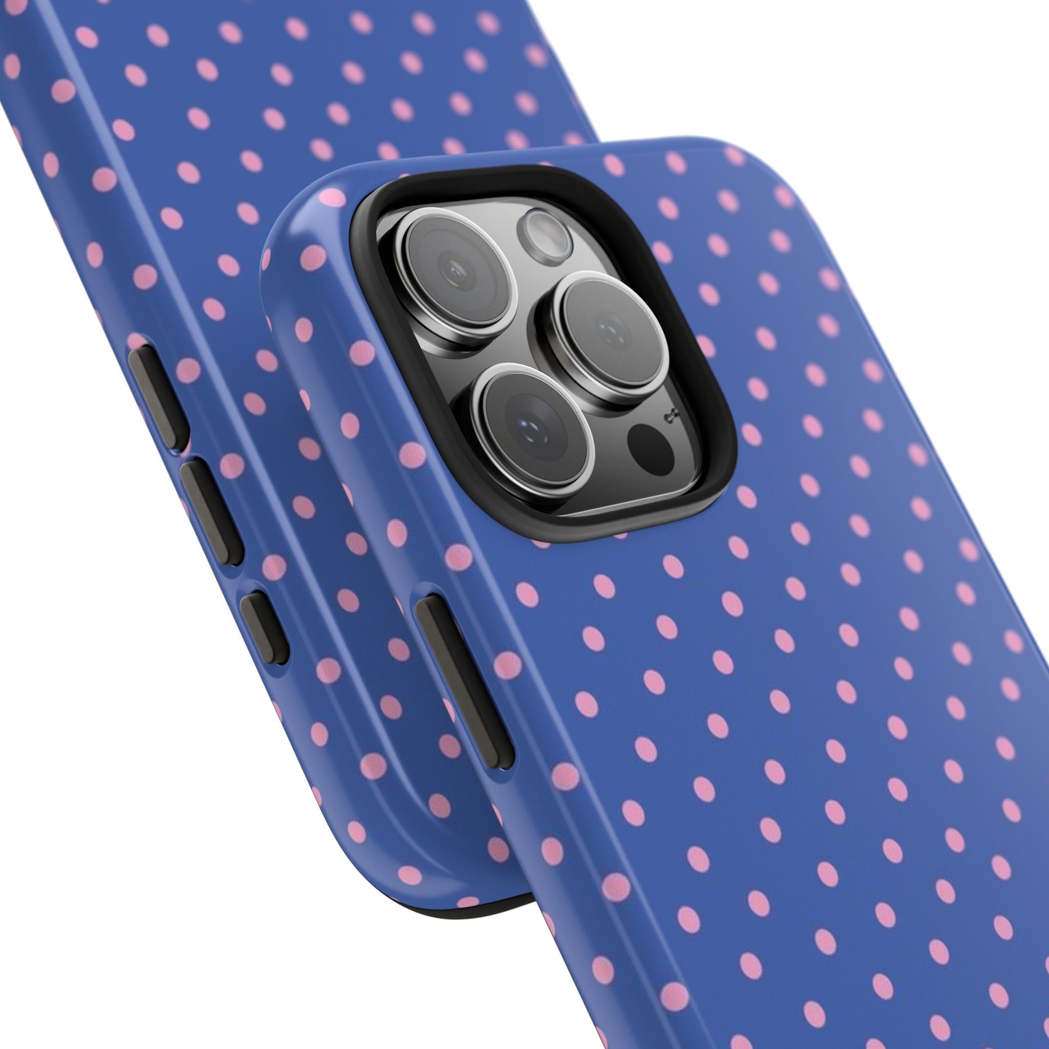 Sky blue polka dot phone case viewed from the side, with button cutouts