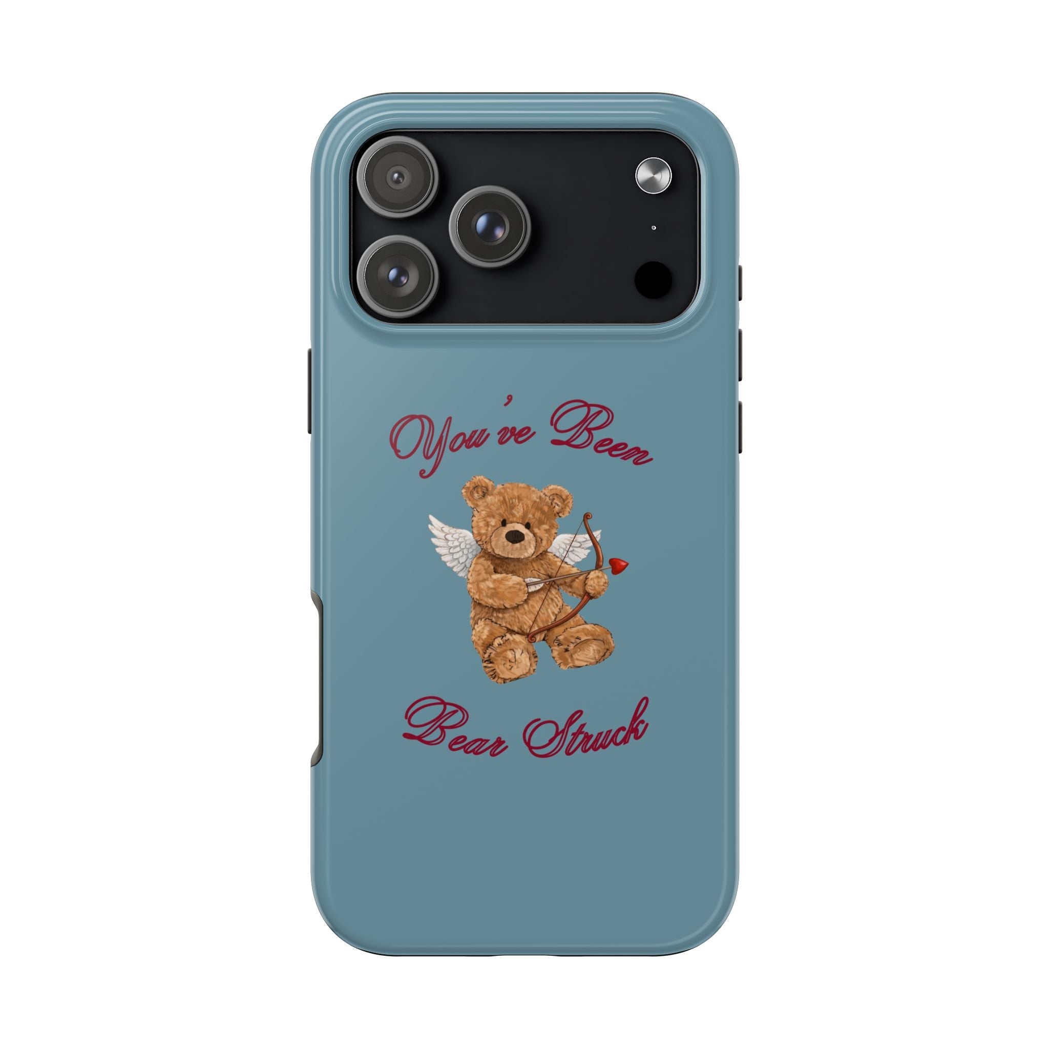 Slate blue phone case back with teddy bear cupid image and red 'You've Been Bear Struck'