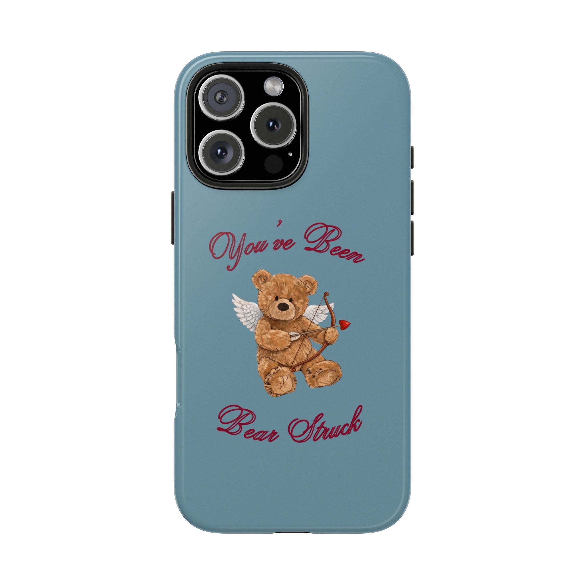 Slate blue phone case with teddy bear cupid art and red 'Bear Struck' text