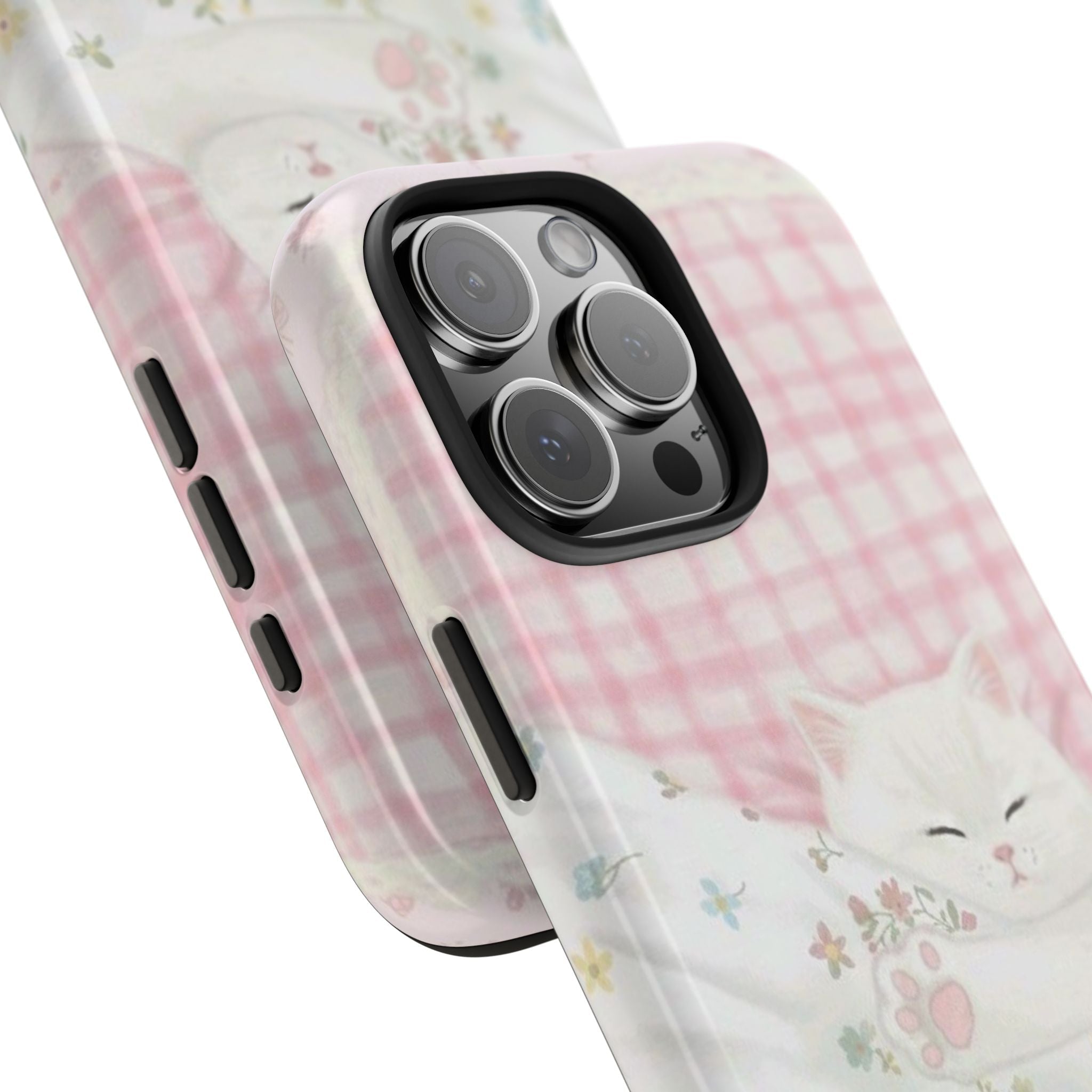 Back view sleeping white cat phone case, pink checkered design with colorful flowers