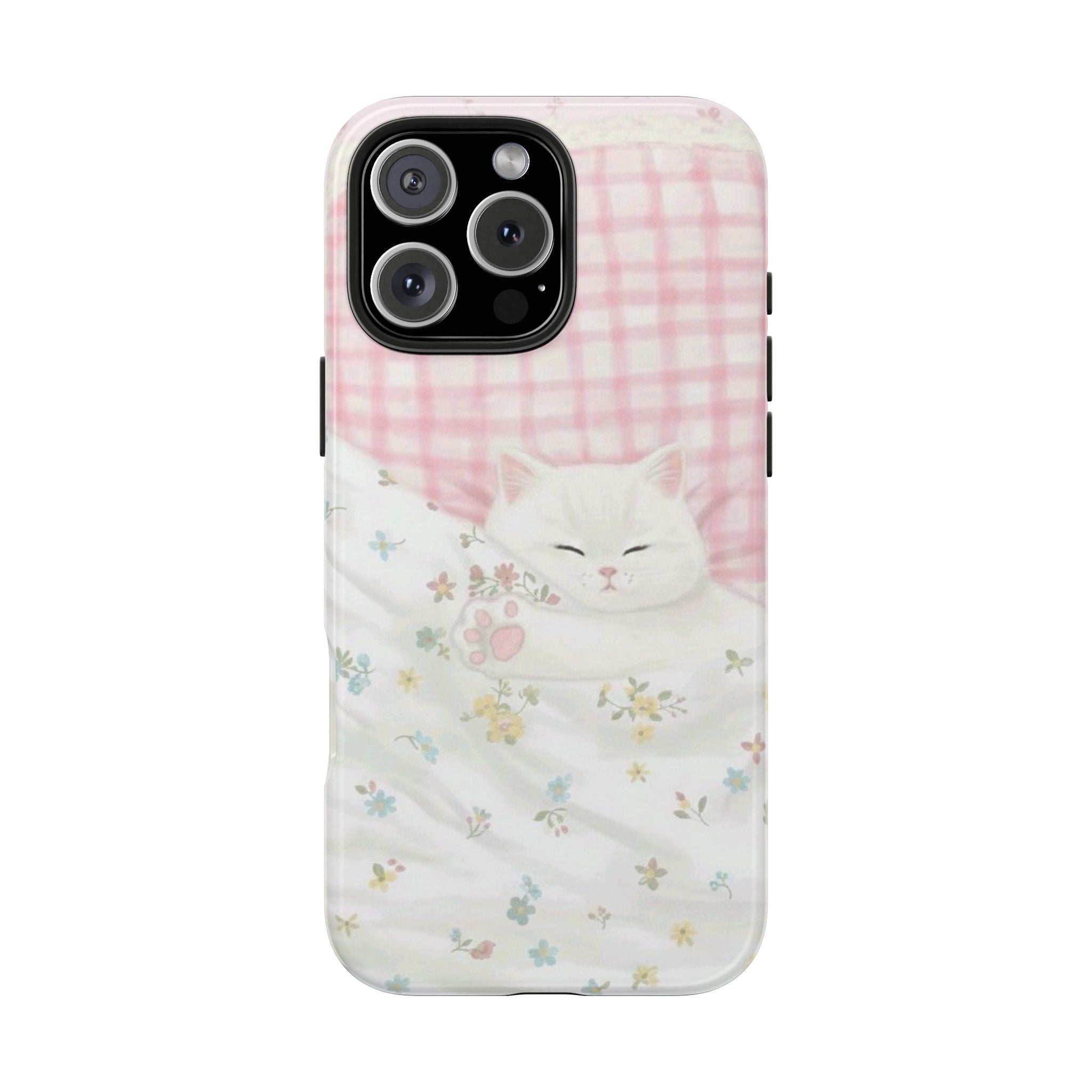 Sleeping white cat phone case with pink gingham top and floral paw-print pattern