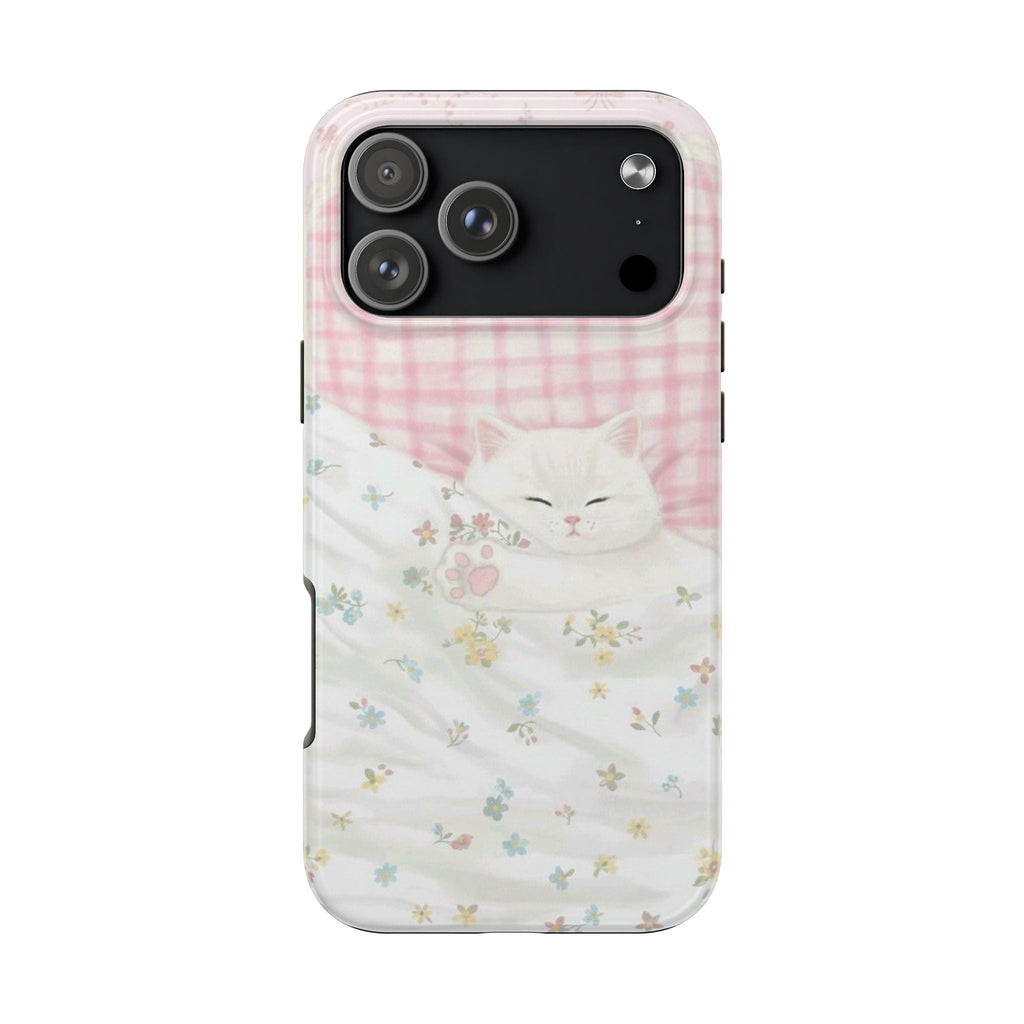Phone case with sleeping white cat face, pink gingham band and scattered flower paw prints
