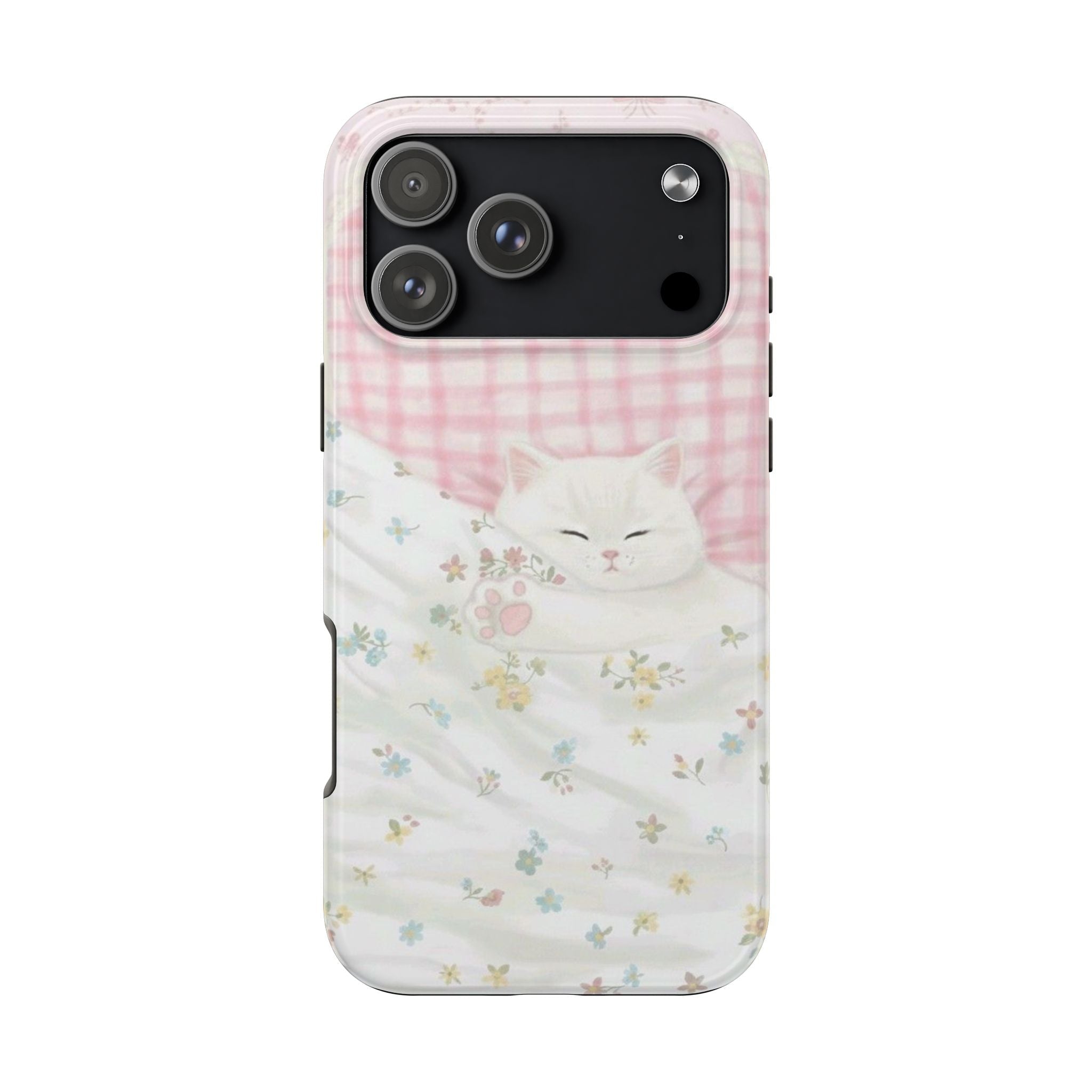 Phone case with sleeping white cat face, pink gingham band and scattered flower paw prints