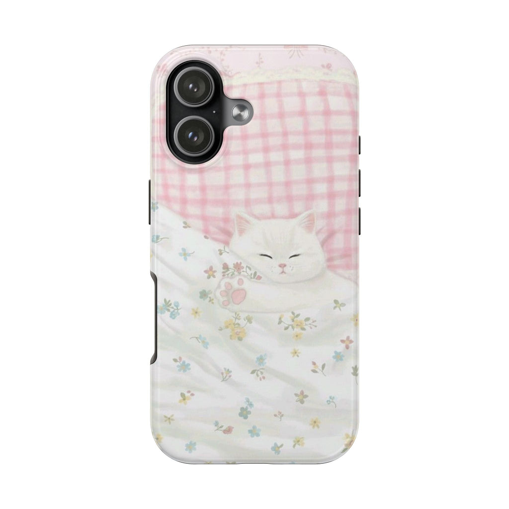 Front view sleeping white cat phone case with pink checkered top and small floral accents
