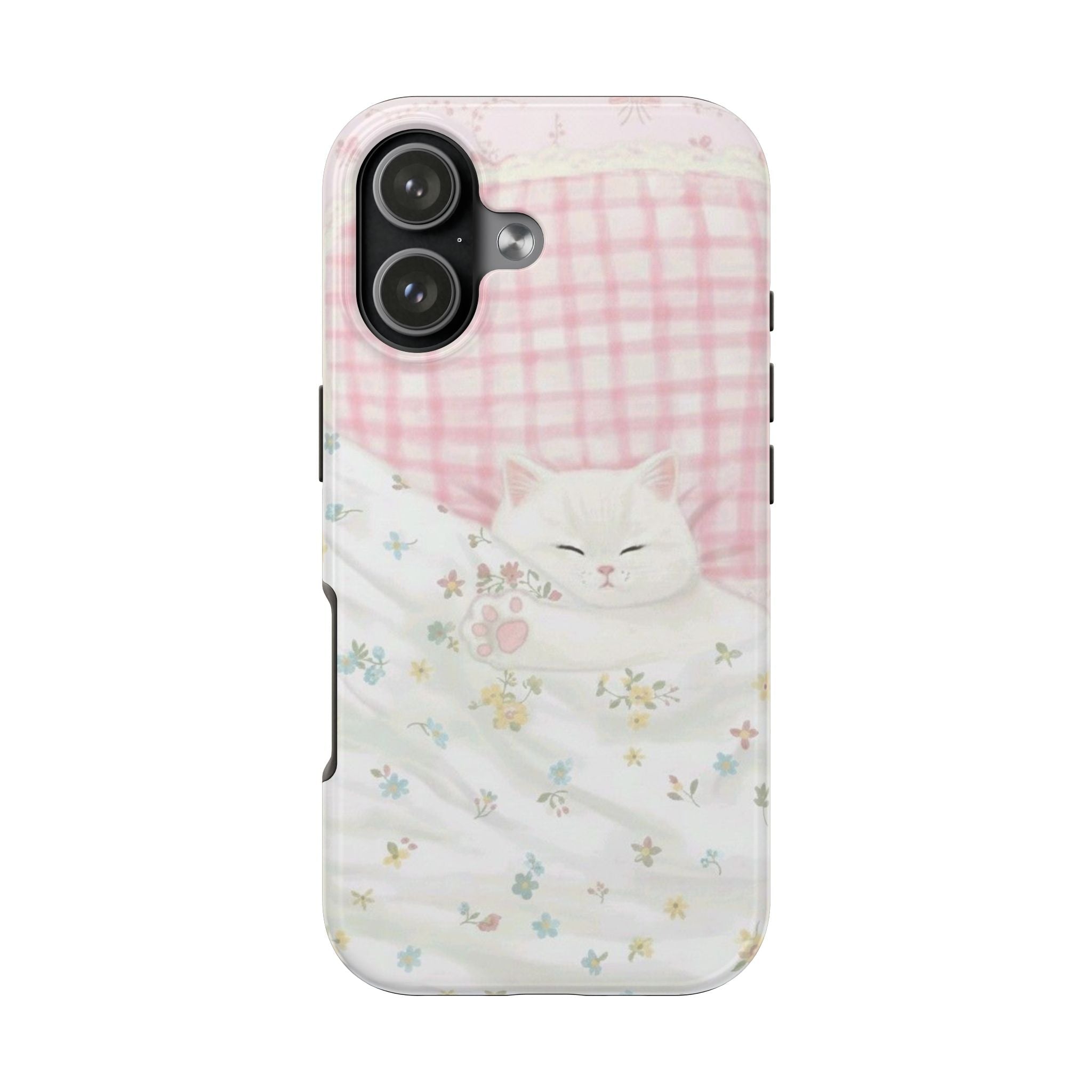 Front view sleeping white cat phone case with pink checkered top and small floral accents