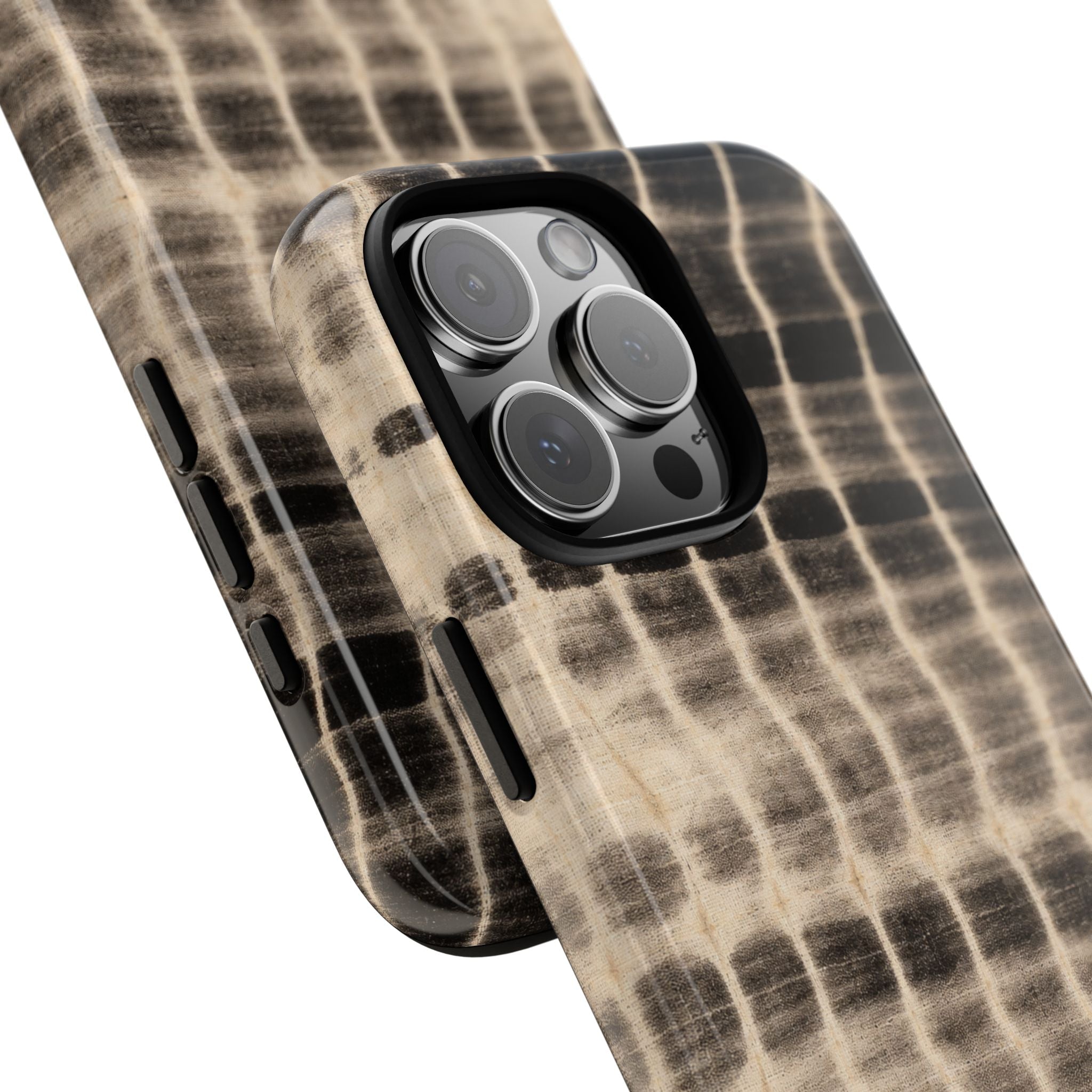 Smoke shibori tie-dye phone case edge view, black-and-beige pattern around camera