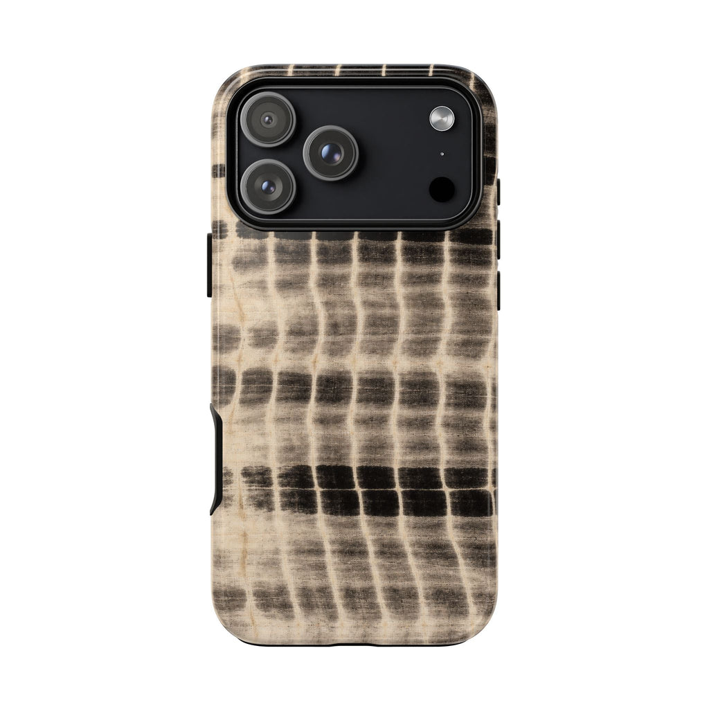 Smoke shibori tie-dye phone case, beige and dark pattern with raised camera area