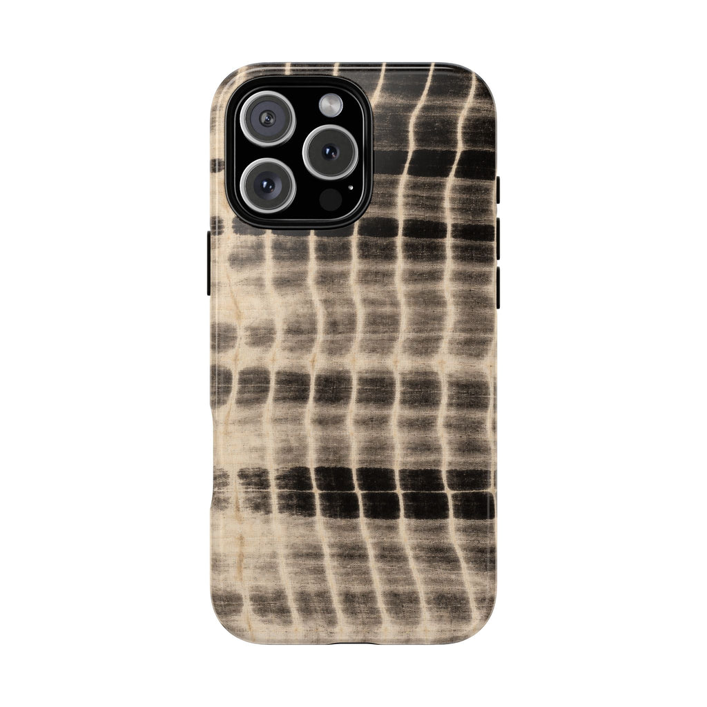 Smoke shibori tie-dye phone case with black and beige pattern, camera cutouts