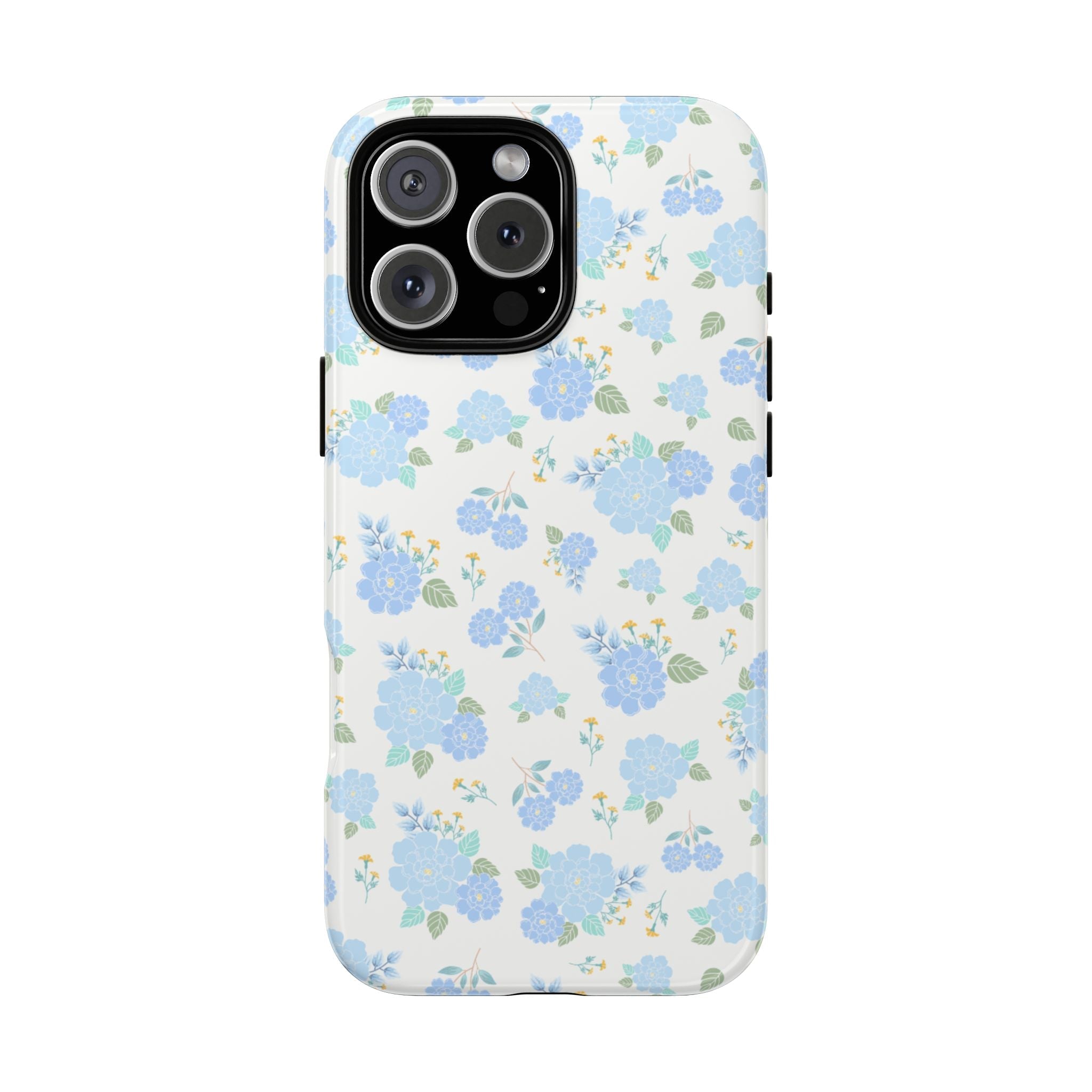 Soft blue floral phone case with white background and blue flower pattern