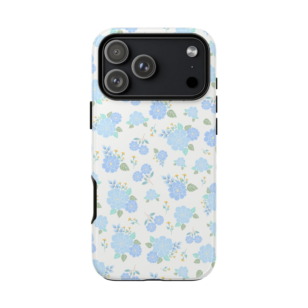 Soft blue floral phone case, back view with blue flowers and leaf accents