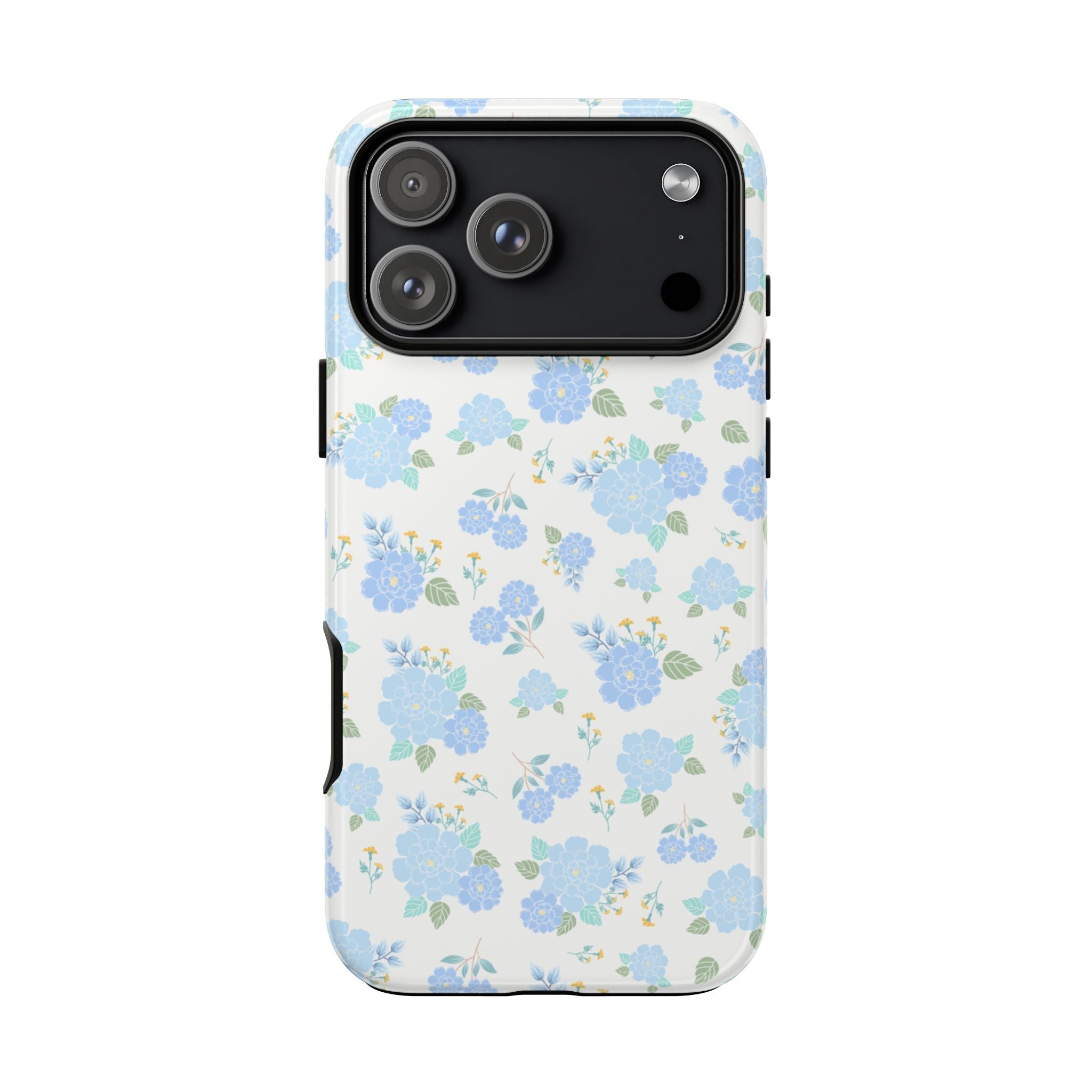 Soft blue floral phone case, back view with blue flowers and leaf accents