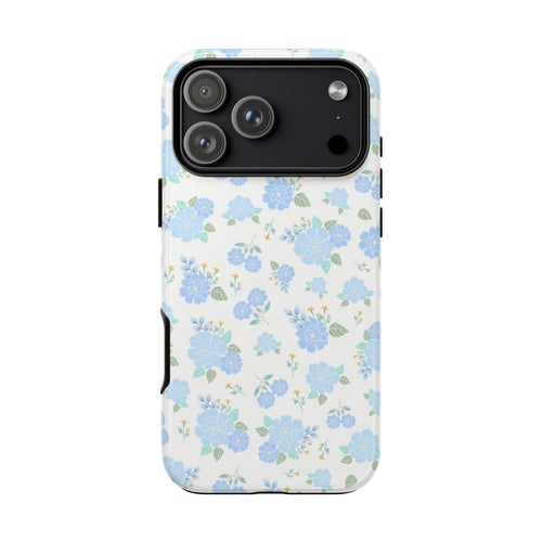Soft blue floral phone case, back view with blue flowers and leaf accents
