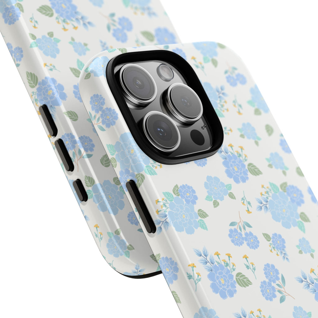 Soft blue floral phone case, side and camera cutout with blue flower print