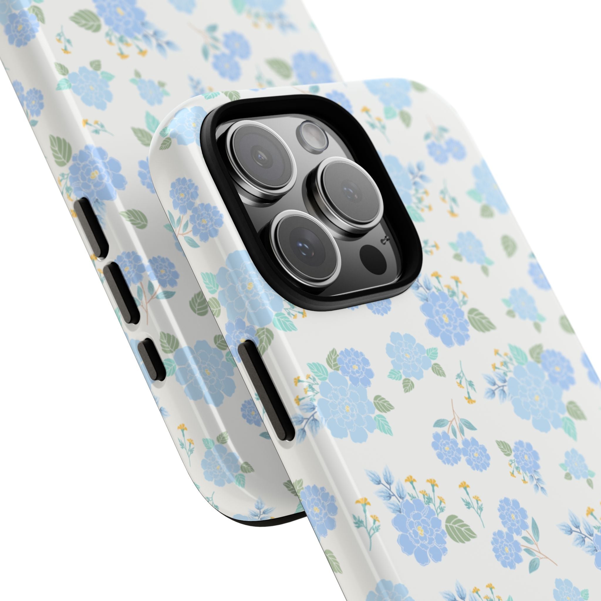 Soft blue floral phone case, side and camera cutout with blue flower print