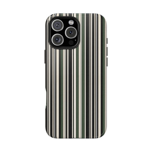 Soft heritage stripes phone case, vertical green and cream stripes with camera cutouts