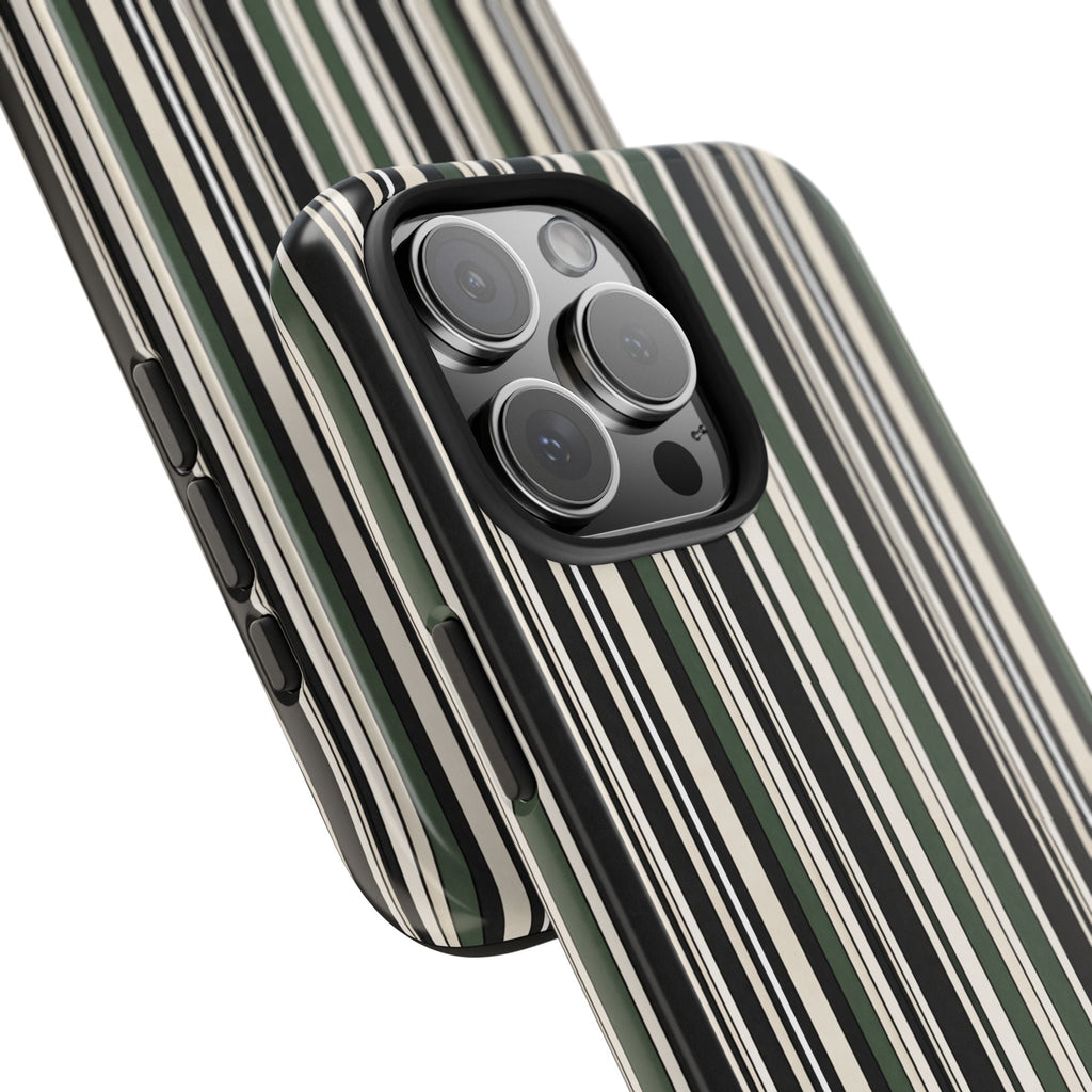 Soft heritage stripes phone case angled, vertical green and cream stripe design