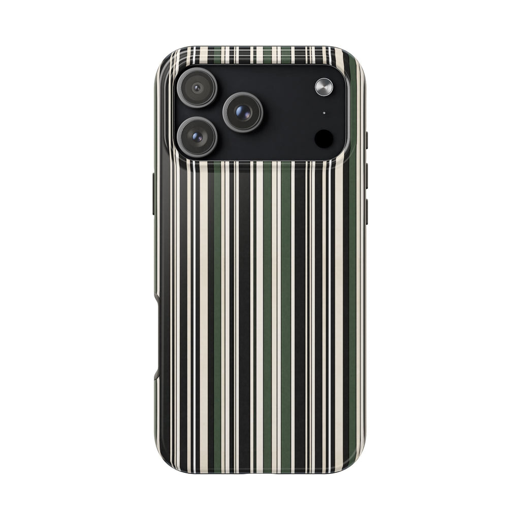Soft heritage stripes phone case with vertical green, cream, and black lines
