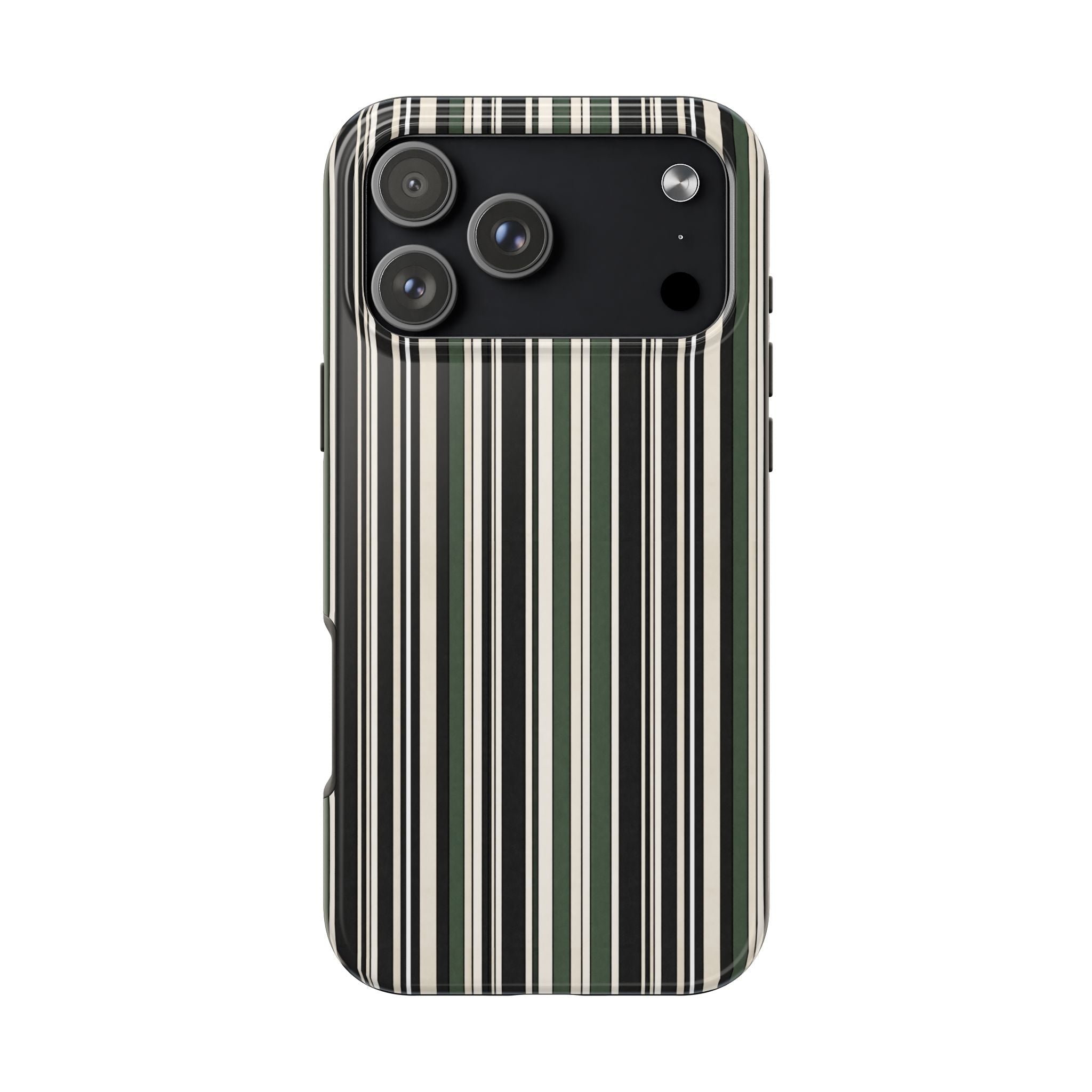 Soft heritage stripes phone case with vertical green, cream, and black lines