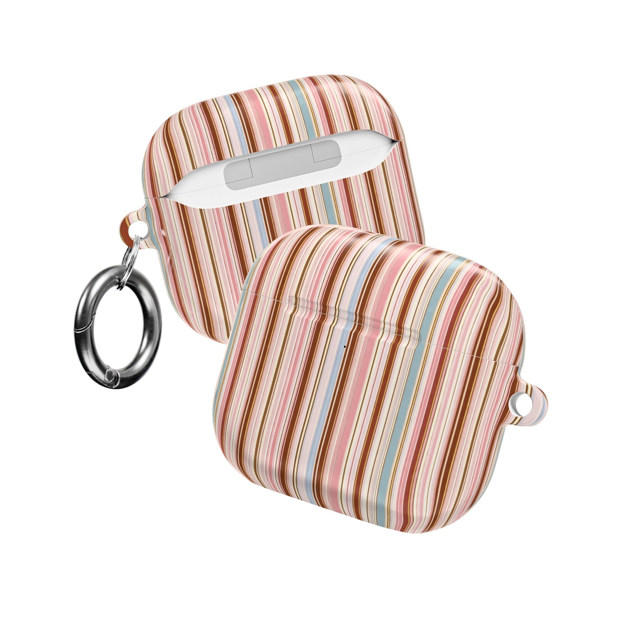 Striped AirPods case with keyring loops, vertical multicolor stripes, lid partly open
