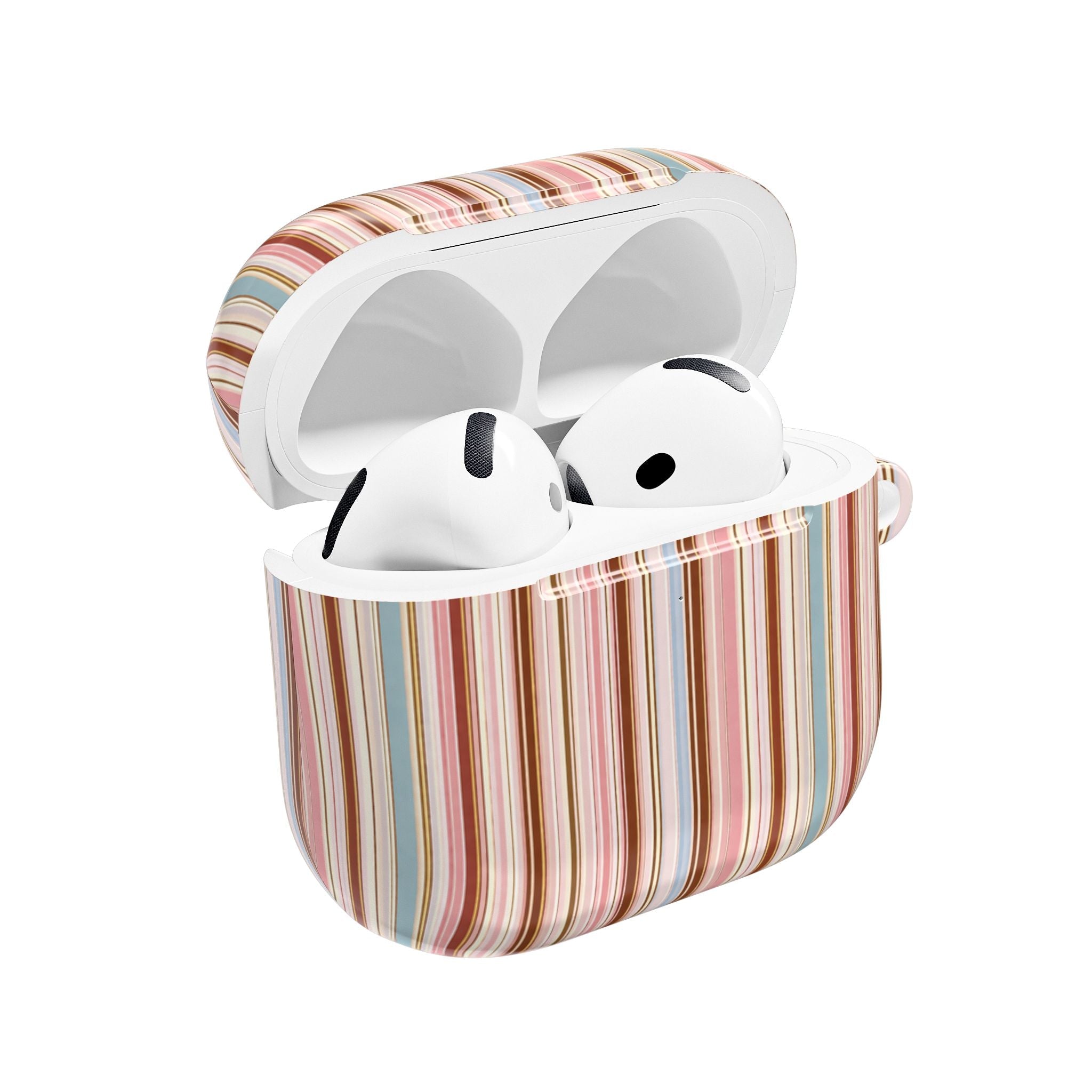 SOHO striped AirPods case in multicolor stripes, lid open with earbuds inside