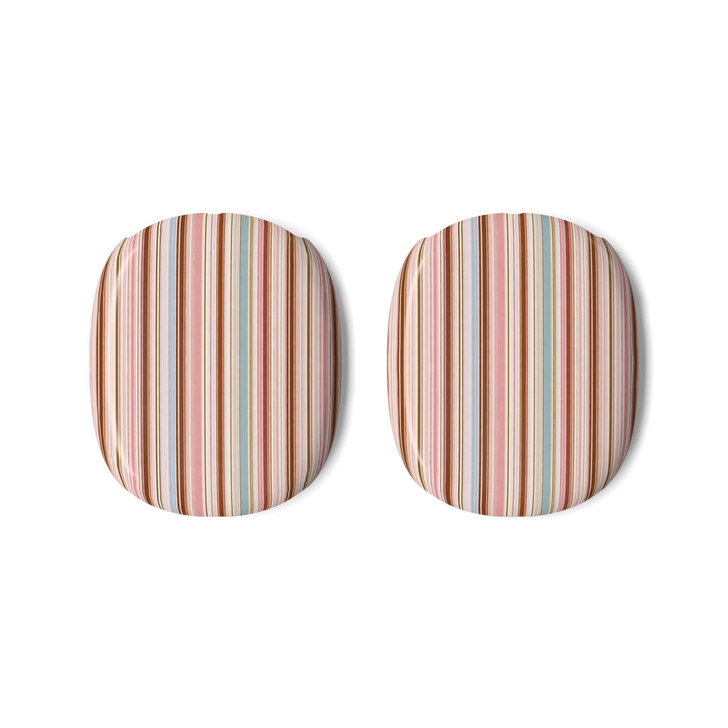 Pair of multicolor striped AirPods Max ear cup covers, rounded fabric sleeves