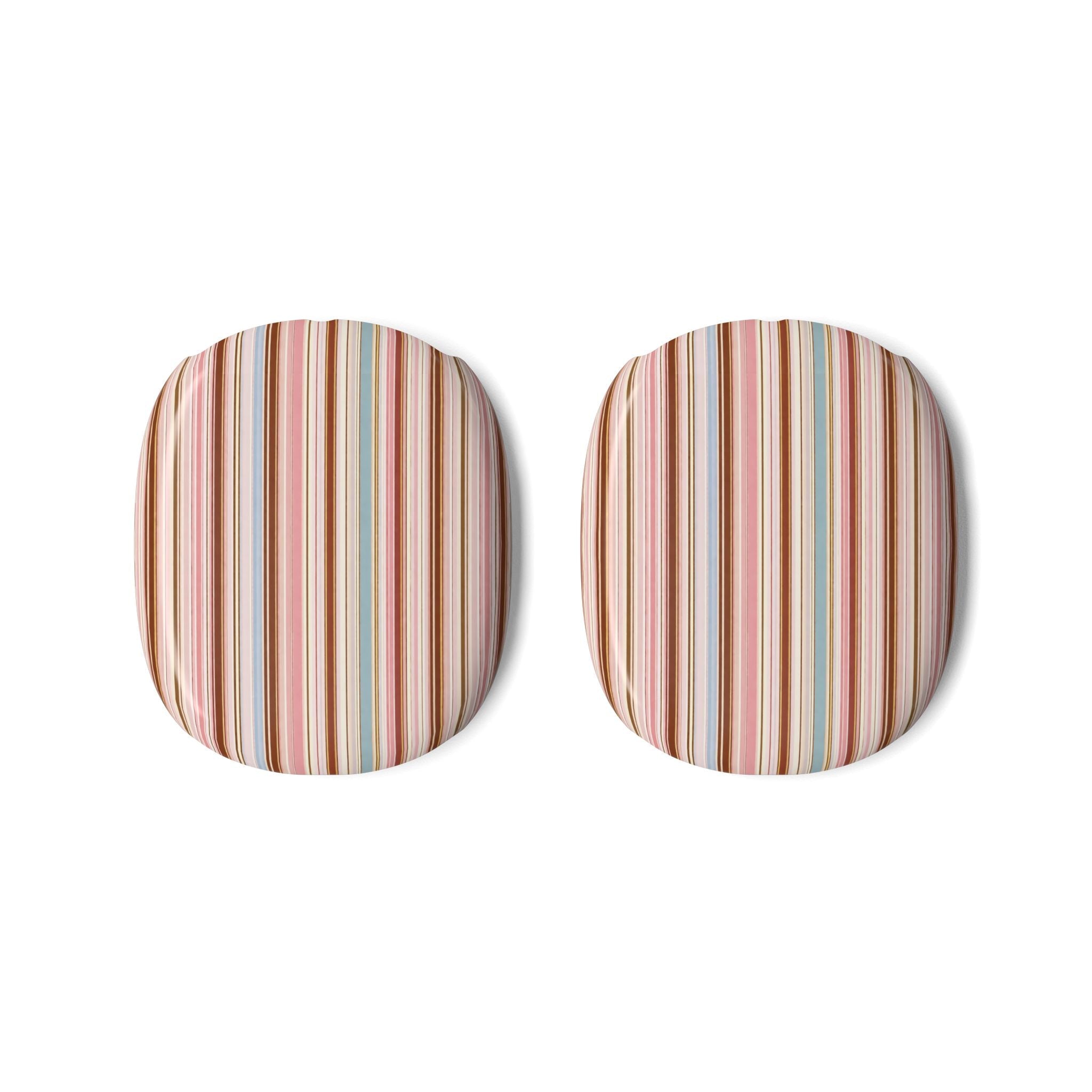 Pair of multicolor striped AirPods Max ear cup covers, rounded fabric sleeves