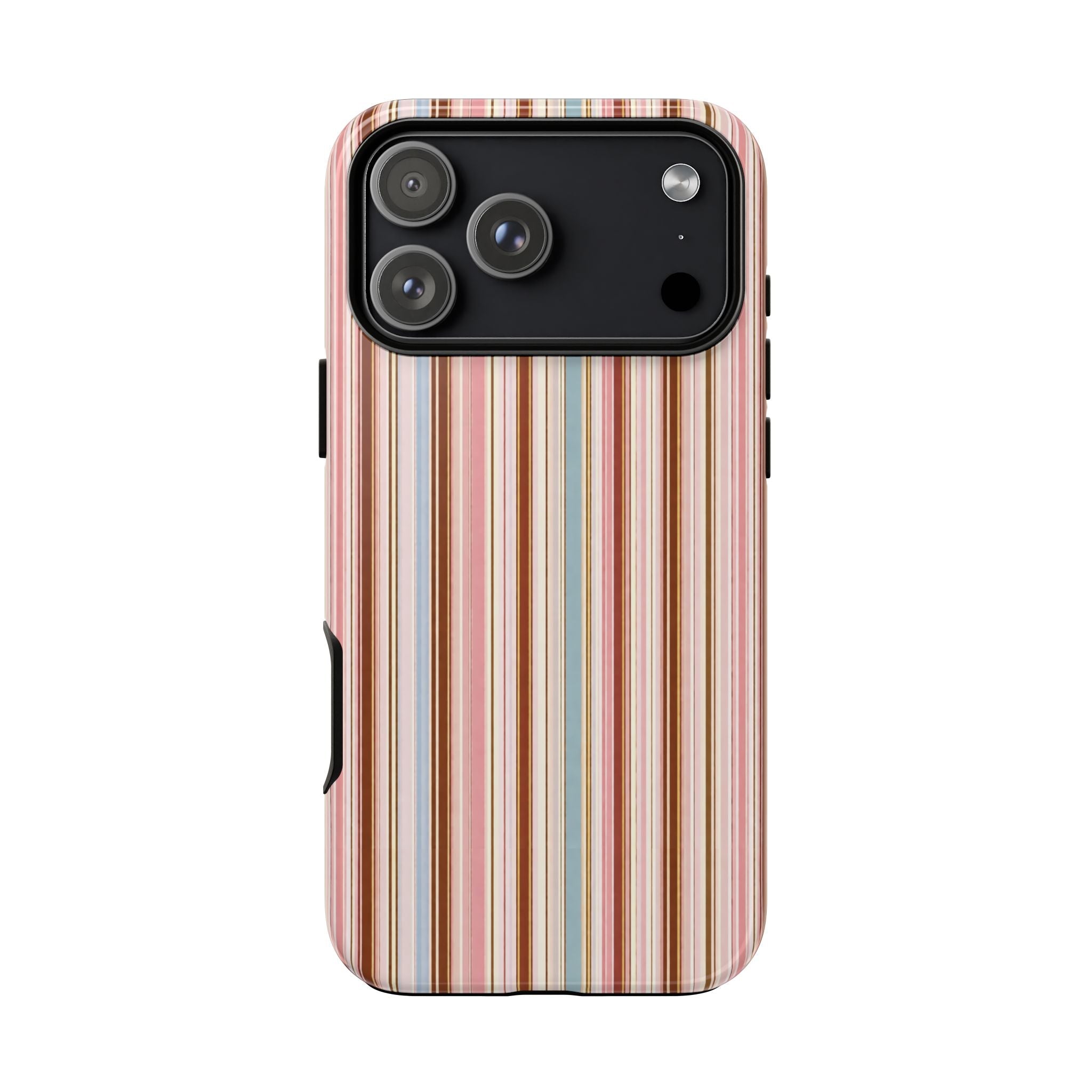 SOHO stripes phone case with vertical multicolor stripes, camera bump, and side cutouts
