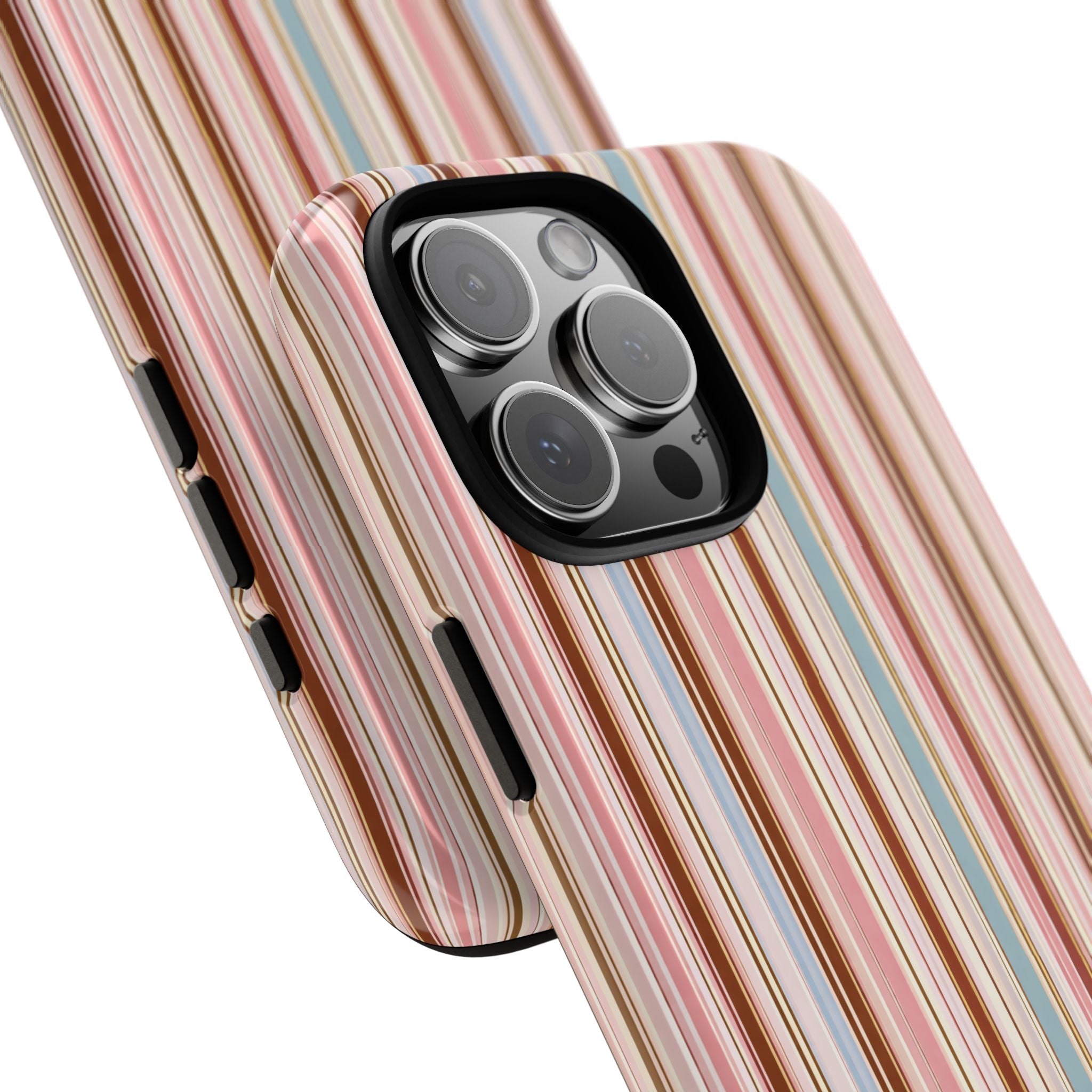Striped phone case with vertical pastel bands, angled view of camera lens cutout