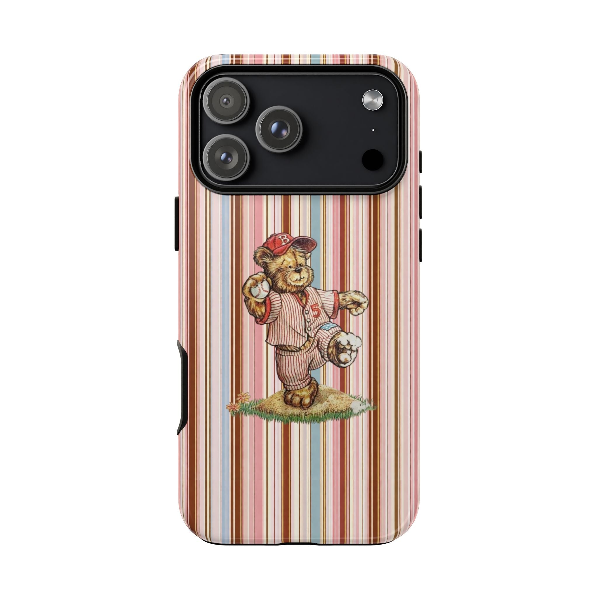 Striped baseball teddy bear phone case with black camera panel and side button cutouts