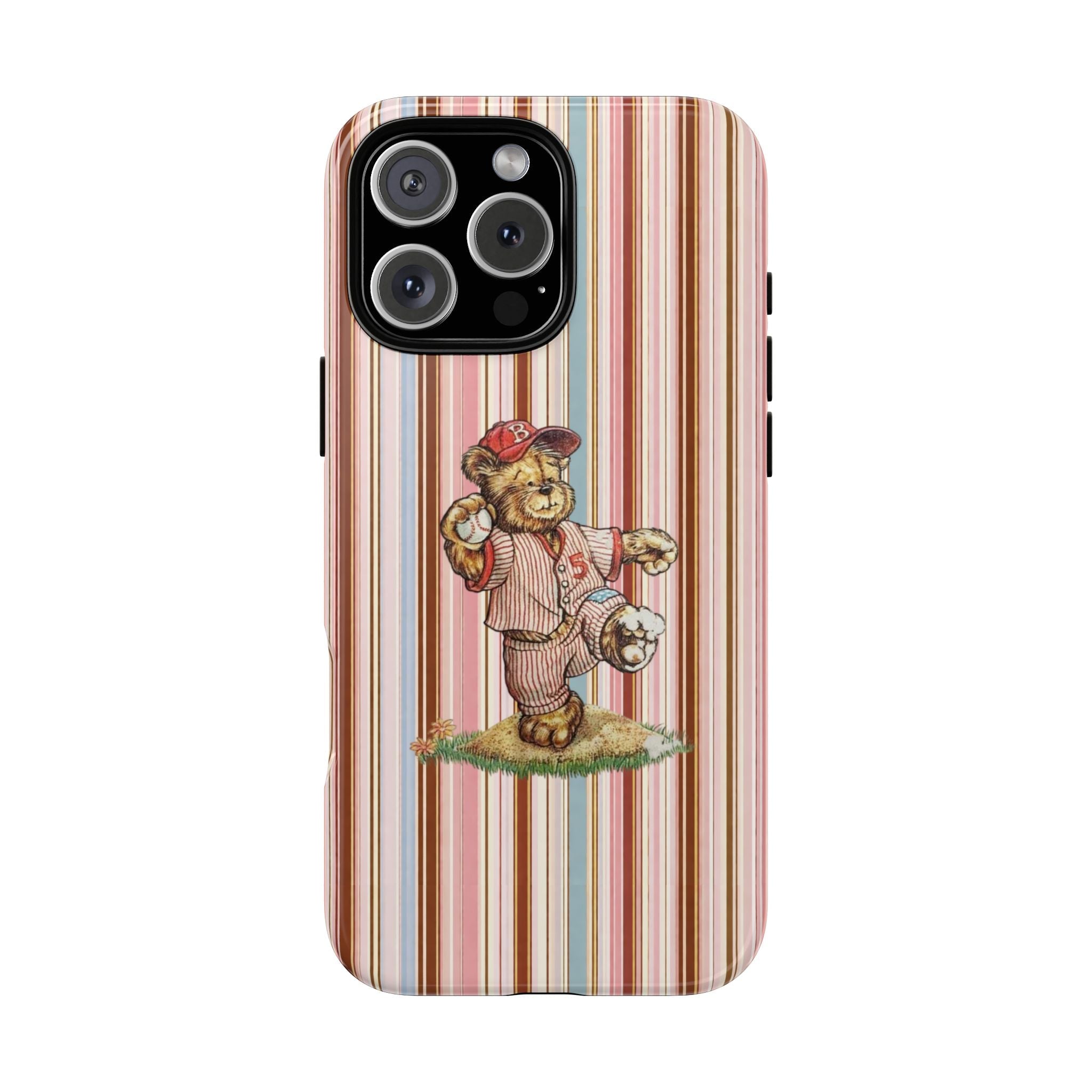 Baseball teddy bear phone case with vertical pastel stripes and raised camera cover