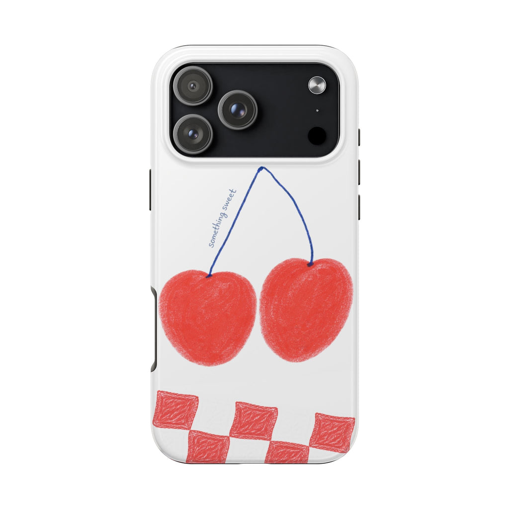 White phone case with two red cherries, blue stems, and red checkered bottom