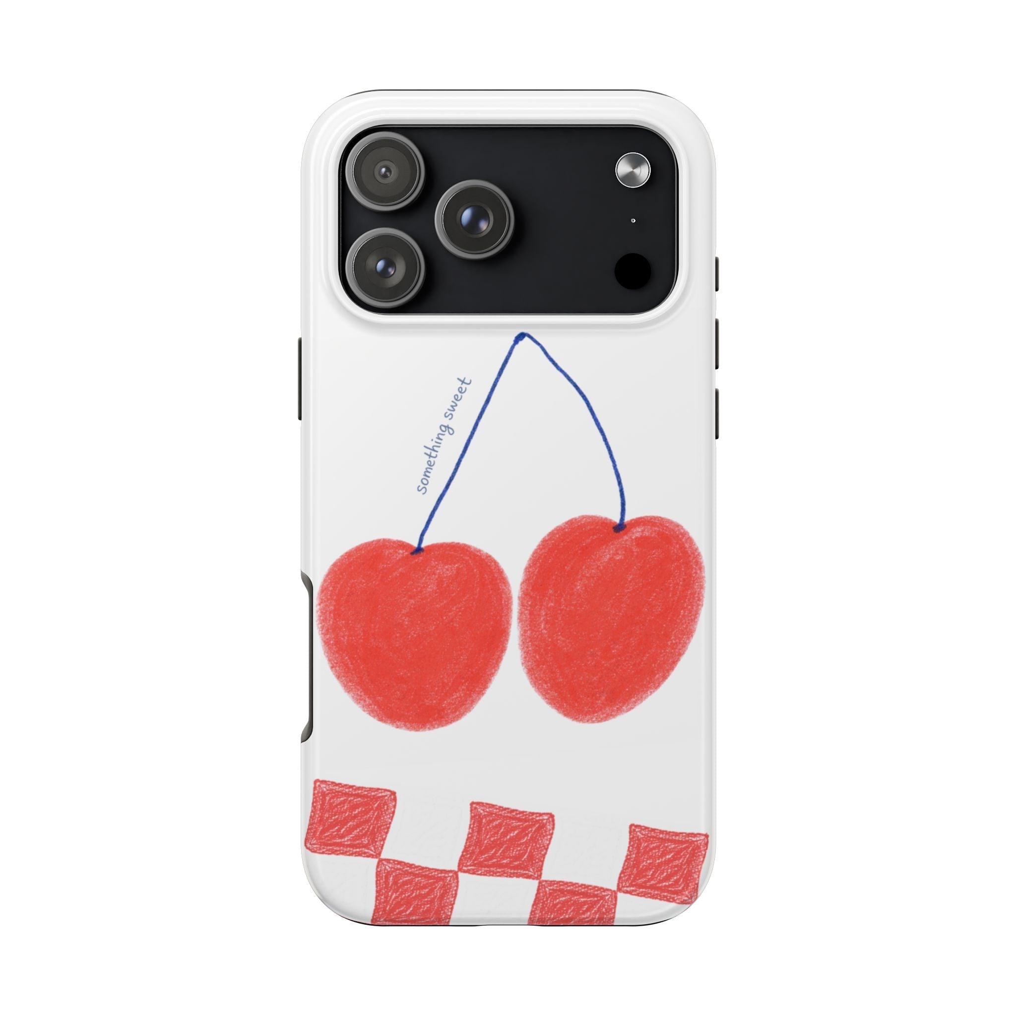 White phone case with two red cherries, blue stems, and red checkered bottom