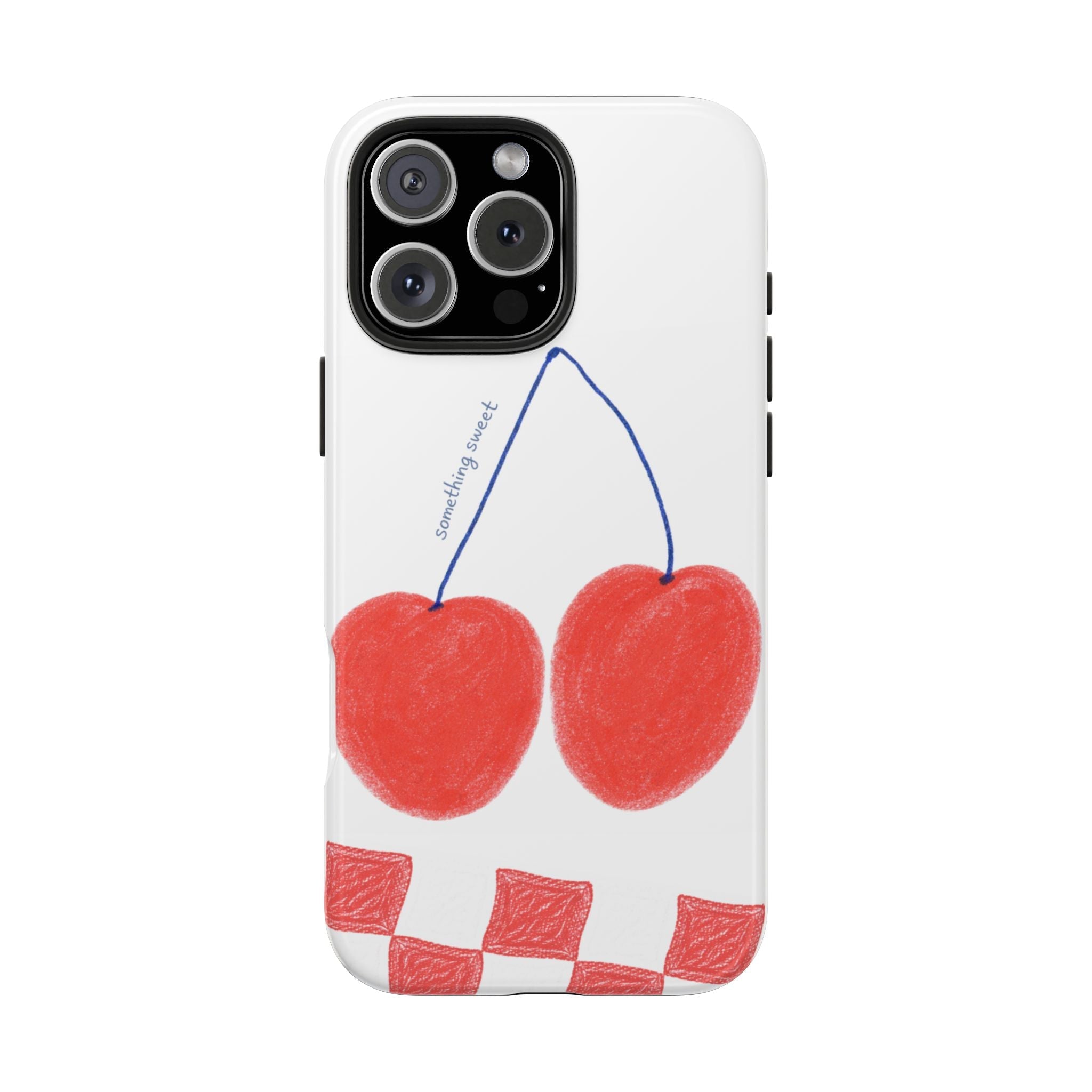 White phone case with red cherries, blue line accents, and red checker pattern