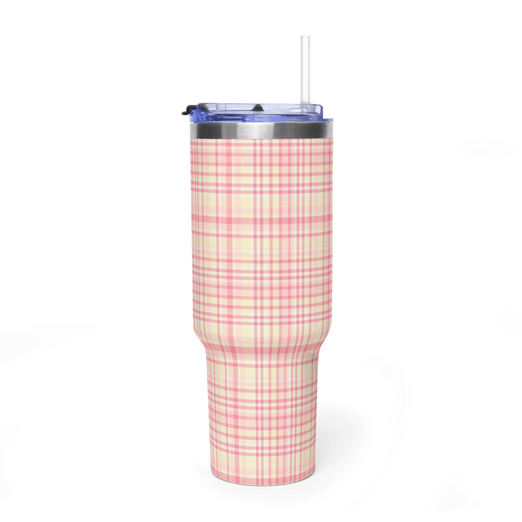 40oz stainless tumbler with pink plaid wrap, blue lid, clear straw (no handle)