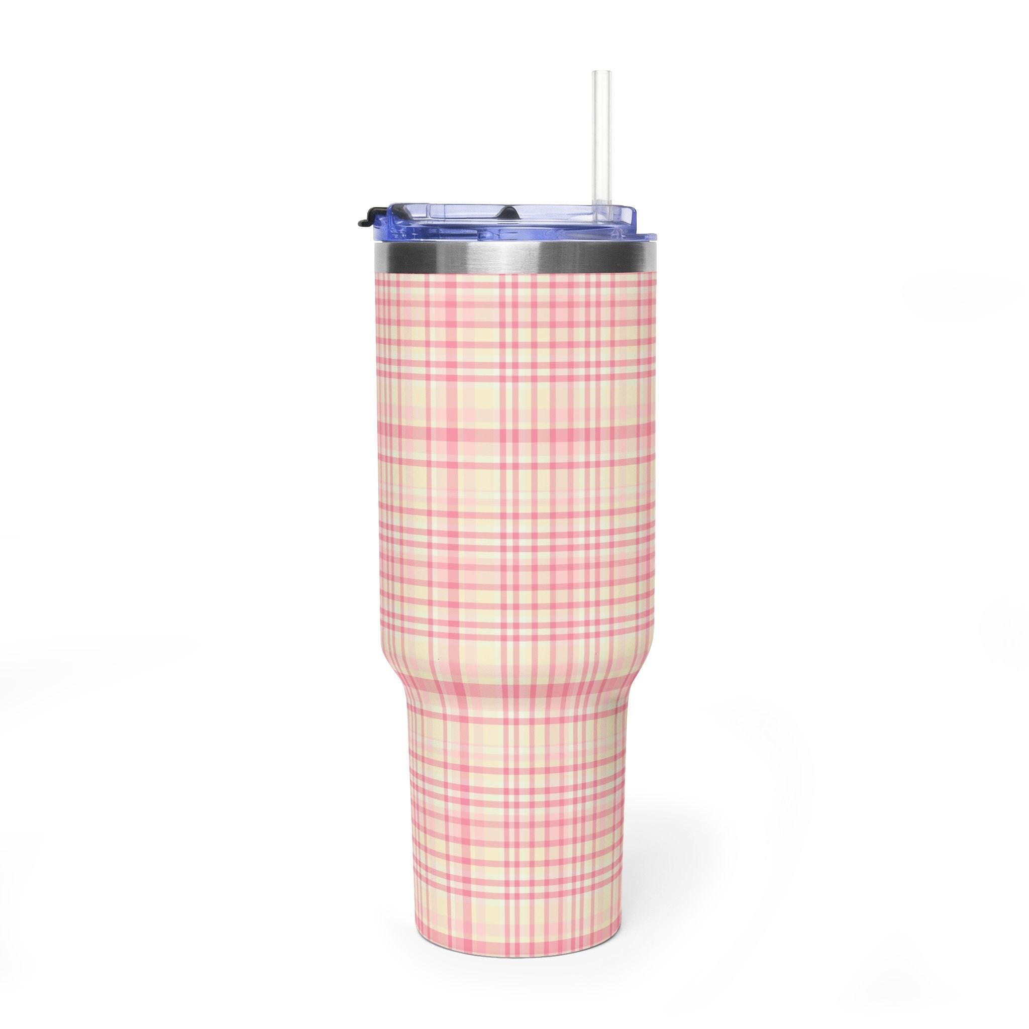 40oz stainless tumbler with pink plaid wrap, blue lid, clear straw (no handle)
