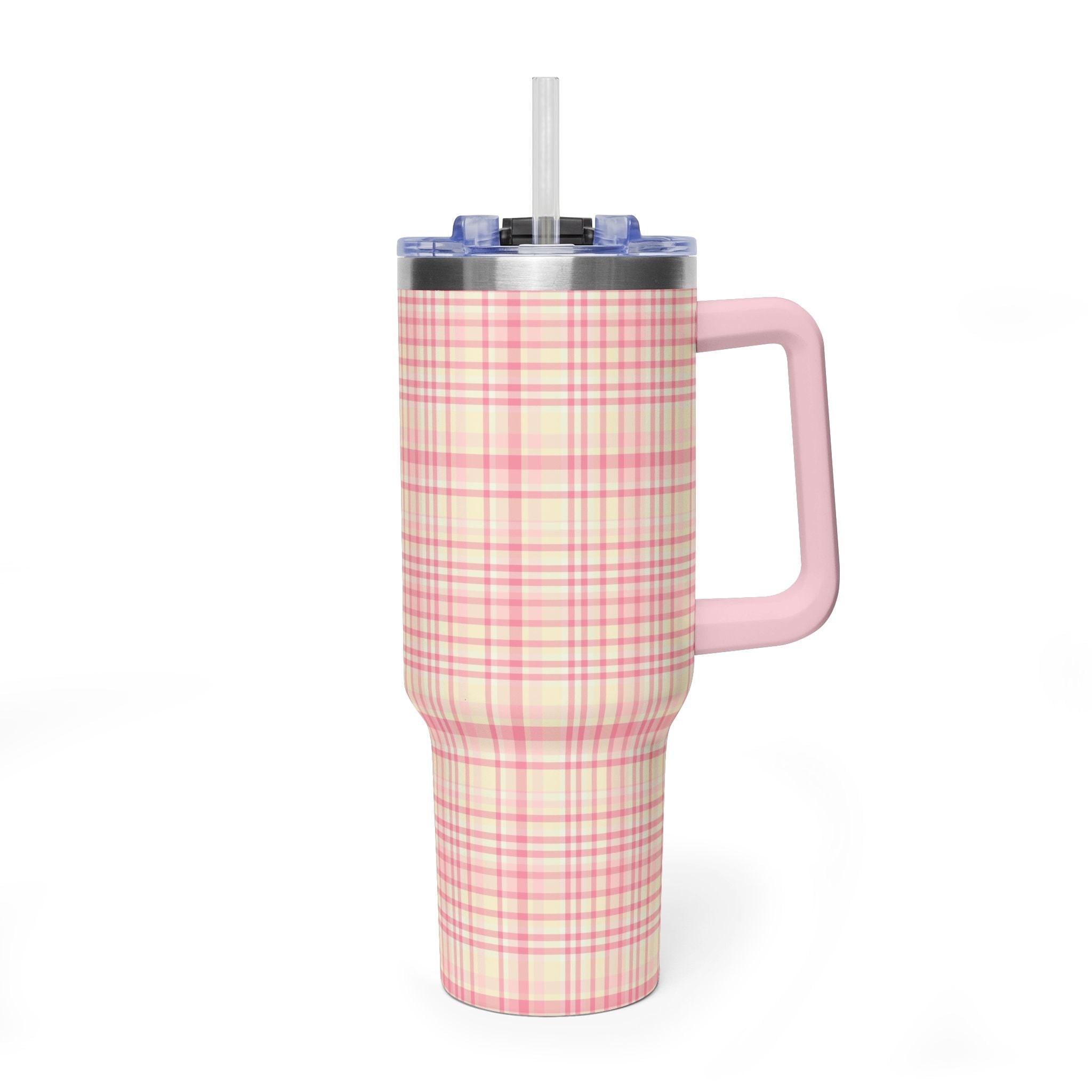 40oz stainless tumbler, pink plaid pattern, blue lid, clear straw, pink handle