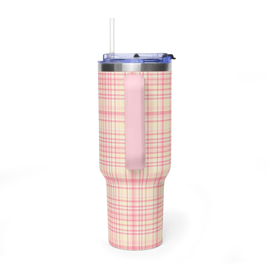 40oz tumbler, pink plaid wrap, blue lid, clear straw, pink grip tab