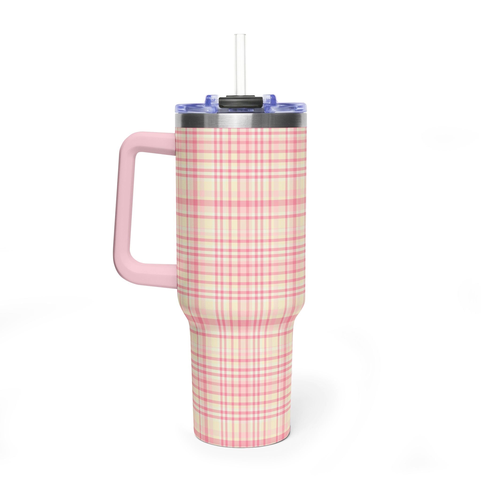 Pink plaid 40oz tumbler with blue lid, clear straw, pink carry handle