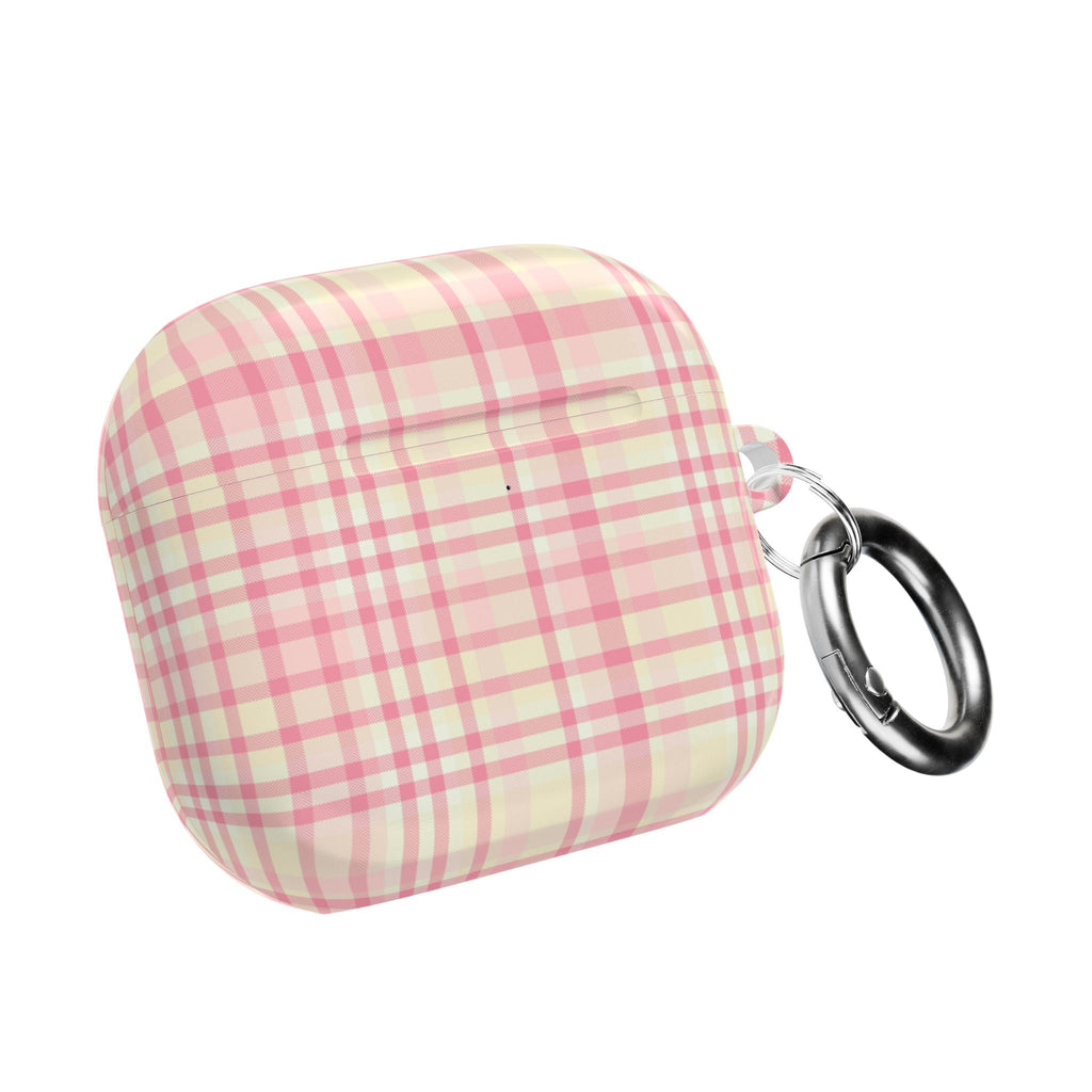 Sorbet plaid AirPods case closed with metal keyring on side