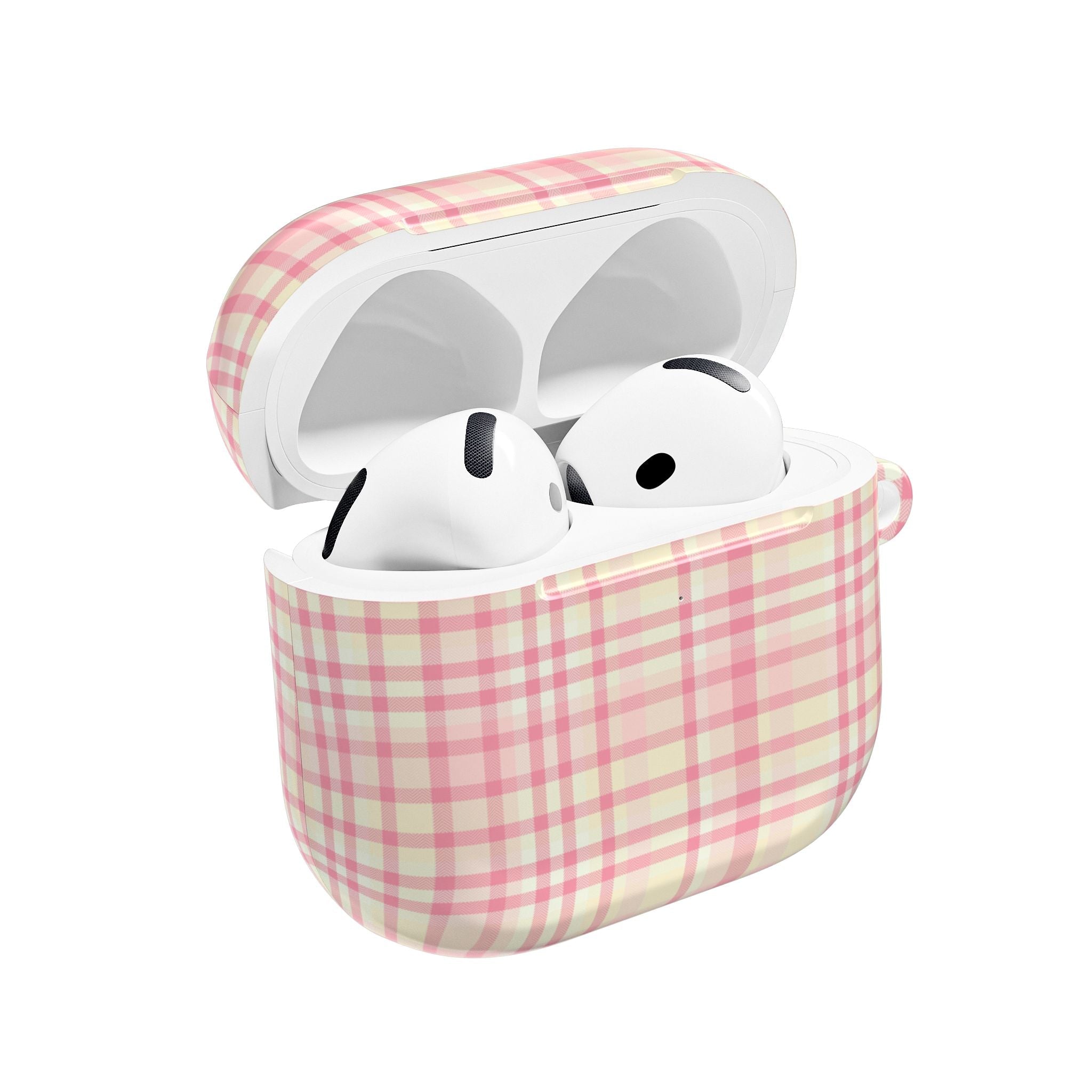 Sorbet plaid AirPods case open, holding white earbuds