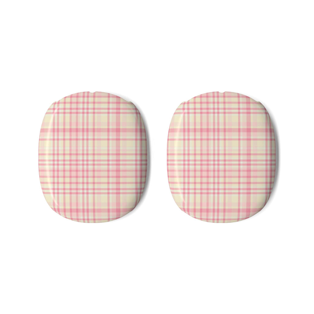 Pair of pink plaid AirPods Max ear pad covers, rounded protective shells