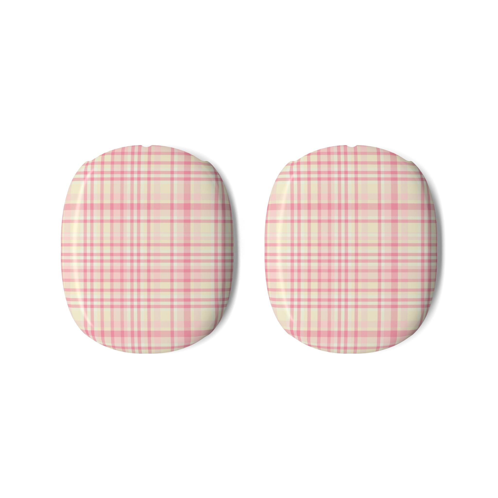 Pair of pink plaid AirPods Max ear pad covers, rounded protective shells